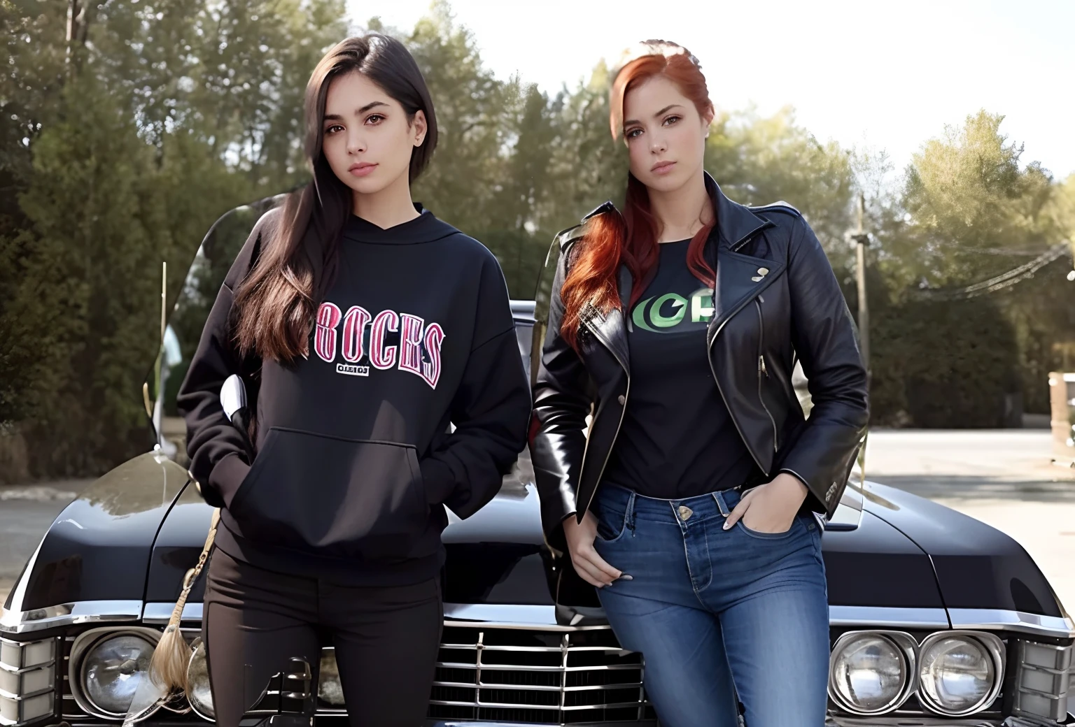 mulher branca, cabelos longos e pretos, black sweatshirt and black pants, camieta de rock
