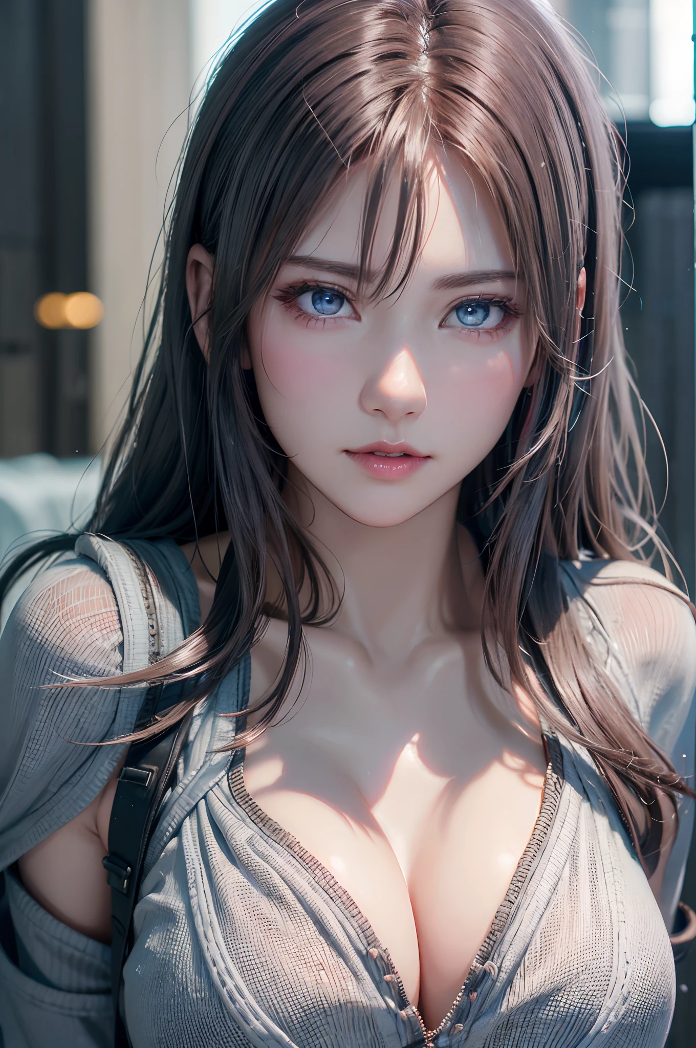 top-quality、8K Masterpiece、超A high resolution、(Photorealsitic:1.3)、Raw photo、女の子1人、silver white hair、glowy skin、1 Cyberpunk Super Beautiful Soldier、((super realistic details))、portlate、globalillumination、Shadow、octan render、8K、ultrasharp、beauty breast、Raw skin is exposed in cleavage、metals、cold color、、highly intricate detail、Realistic light、CGSoation Trends、Beautiful eyes、radiant eyes、Facing the camera、neon details、