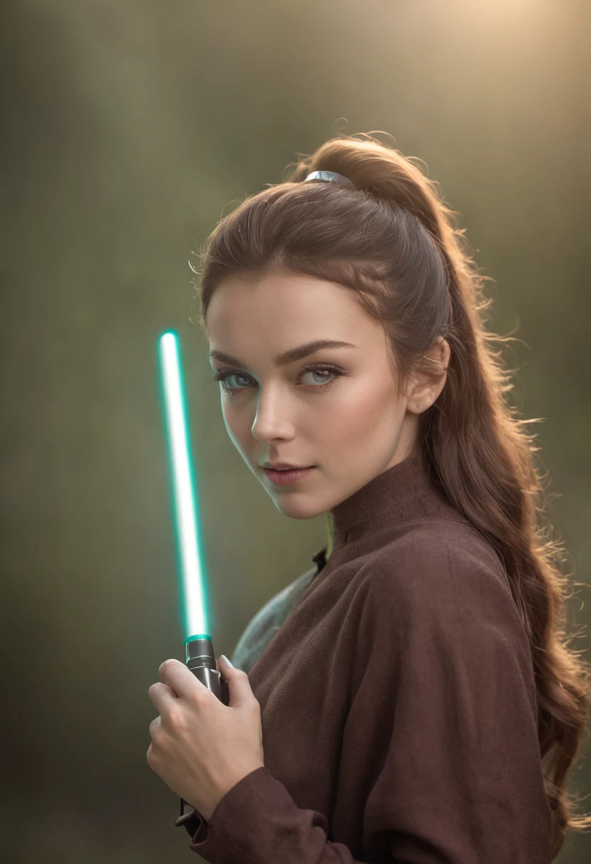 Create an image of a geek woman with lightsaber and virtual reality glasses in high definition