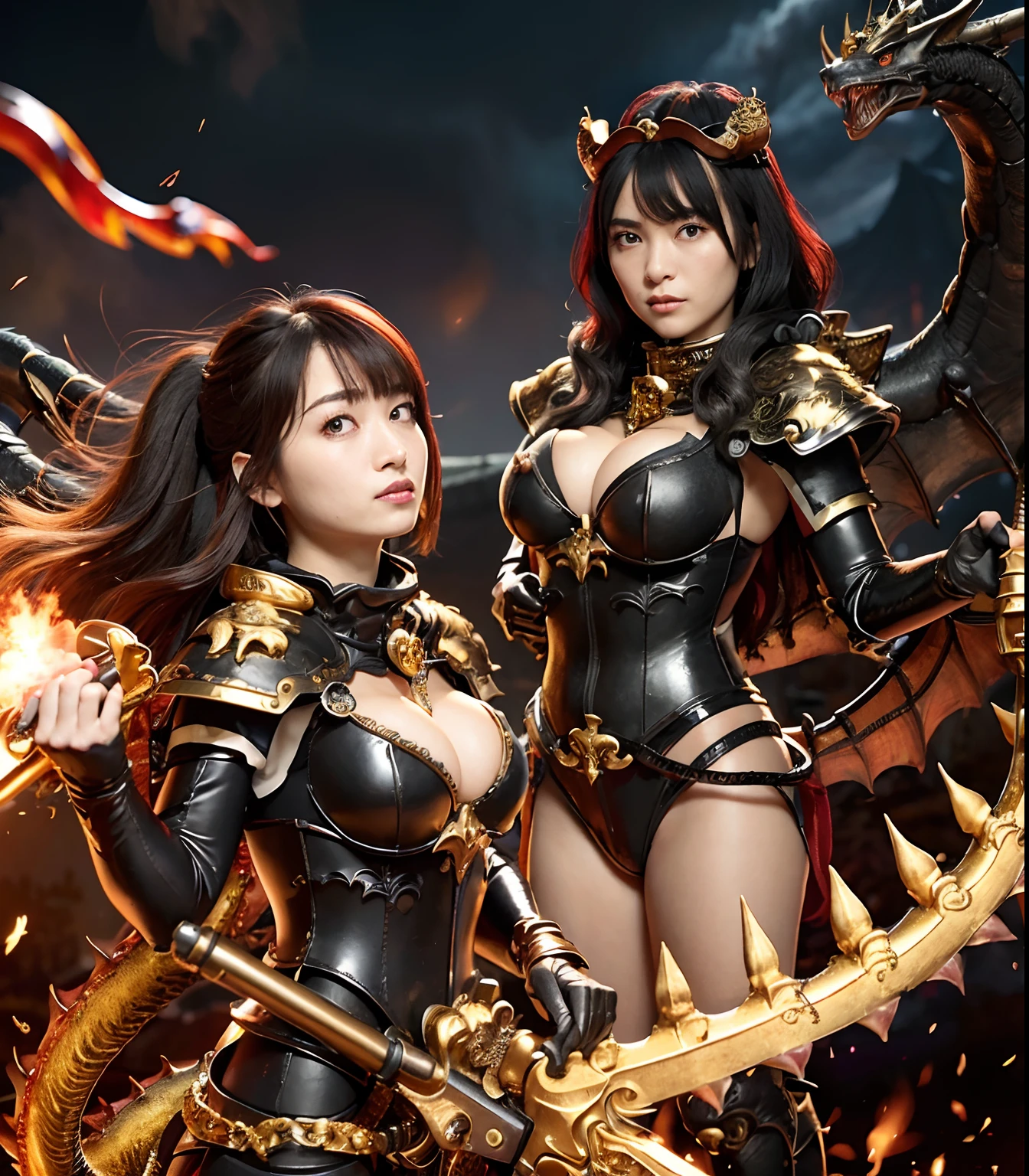 (masutepiece), Professional , masterpiece、top-quality、photos realistic , depth of fields (Gemstone Black Metal Body:1.9),(Matte Black、(cleavage of the breast)、Dragon Gold Weapon(Dragon Metal Body:1.4),Gorgeous Silver Weapons ,(( Dragon's dense and gorgeous sword)) , Beautiful knife ,warhammer 40k , adepta sororitas,Detail and gorgeous crown、((Red hair))、(Castle background)、The dragon、((Gangle's forest background))、Beautiful Caucasian beauty、(1a person)、dynamic ungle,(((Detailed and ornate Black Devil Crown)))、Smaller head、A smile、Castle background、Thin and beautiful female hands、cleavage of the breast、Soldier in iron armor on background、Mystical expression、Light Effects、intense fighting、Wind-effect、magic circles、With the legendary magic wand、(demonic wings)、