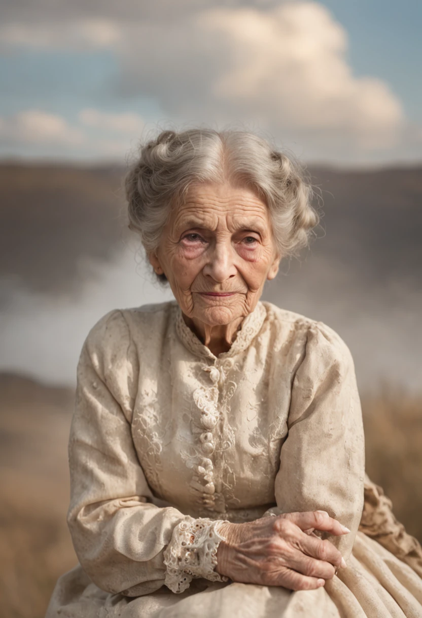 masterpiece, best quality, movie still, 1 30-year-old woman, cloud woman, elbow and knees visible, elbow and knees seen by camera, upset facial expression, floating in the sky, whole body, bright, warm soft lighting, sunset, (sparks:0.7)
