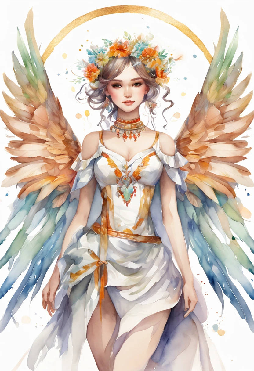 (FULL BODYSHOT:1.4), White background, (1 Angel Girl,Gamine、Glowing wings, Halo, Exquisite headdress, Smile), (watercolor paiting, Geometry), highly colorful
