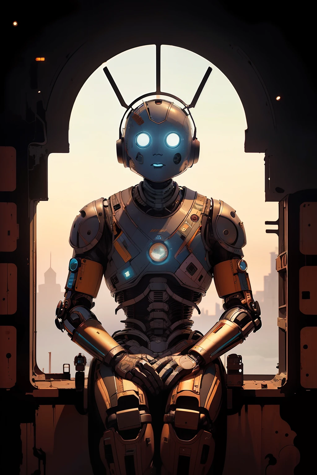 A robot sitting watching the sun set over a dead city, its body is made with parts from old machines,methurlant intricate surreal gritty atmospheric cinematic stylized contrast comic eerie cybernetic futuristic by moebius, masterpiece, best quality, intricate, highly detailed:1.1, drawing, Jean Giraud