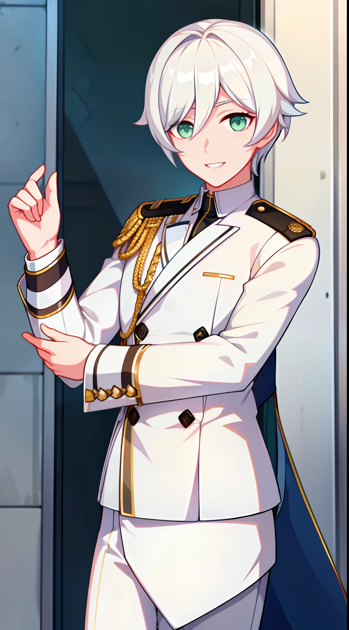 Young guy, short blonde hair with white strands, Green eyes, white officer's uniform, ssmile, White rose in hand, Crystal Rose, Masterpiece, hiquality