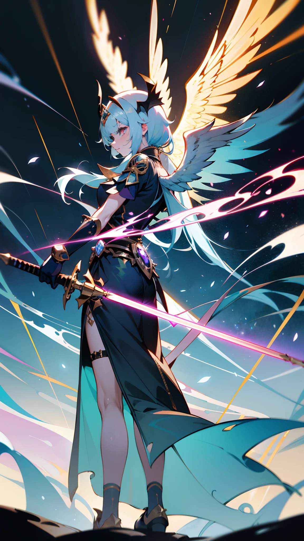 Anime figure，Dark villain，Beauty side face，Long hair flying，（golden headdress），Two teenage girls back to back，（Simple helmet）Spark ashes burn，The samurai held a sword, Wear contrasting armor, The full picture of the witch and witch skeleton,（standing full-body），（（Faraway view）），（HD8K），ultra-wide-angle，The background is gorgeous，the original god, demon anime girl, Angel anime girl，fantasy paladin man, Dragon Knight,Spread your black feathered wings，Mobile Genshin Influence, Anime 8 k, Anime fantasy illustration, Genshin Impact, Tough and cold character, Detailed key anime art, Ayaka Genshin impact, onmyoji portrait，Close-up of shooting random weapons, Comic book epic artwork, Epic fantasy digital art style,Epic fantasy art style, 8K high quality detailed art, Epic fantasy art style HD, Faraway view，Behind him，It is a golden glowing magic array。，Purify the flame，HD anime visuals，full portrait of magical knight，