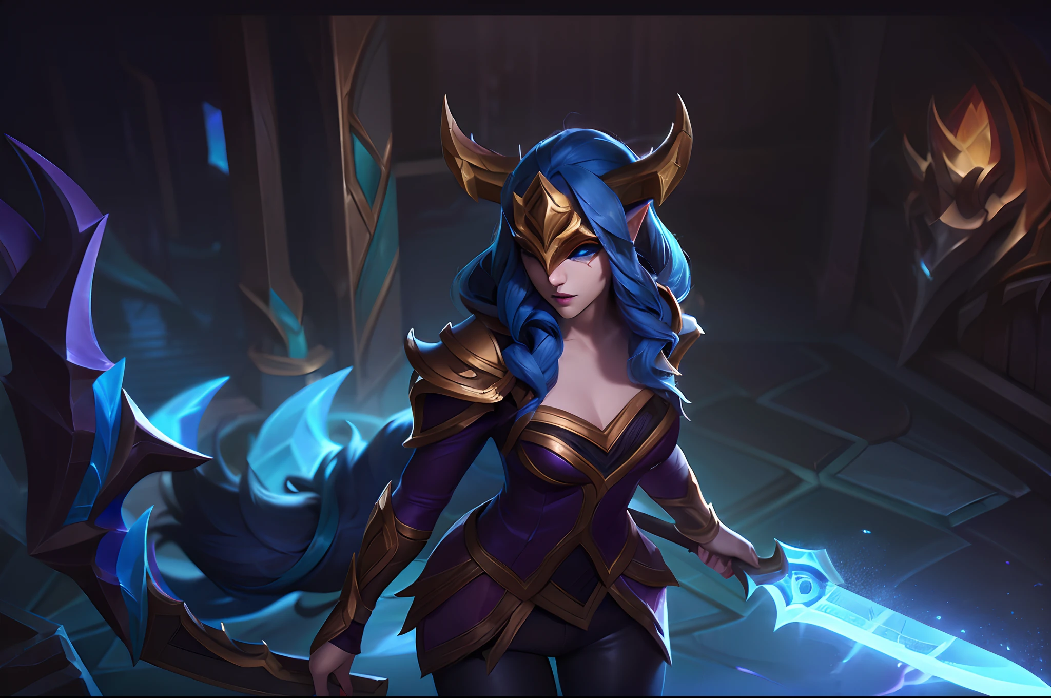 (League of Legends:1.5),lolsplashart, porcelain kindred skin, 1girl, solo, long hair, breasts, bangs, hair ornament, long sleeves, holding, closed mouth, blue hair, weapon, teeth, alternate costume, pointy ears, pants, sword, indoors, armor, official alternate costume, mask, dragon