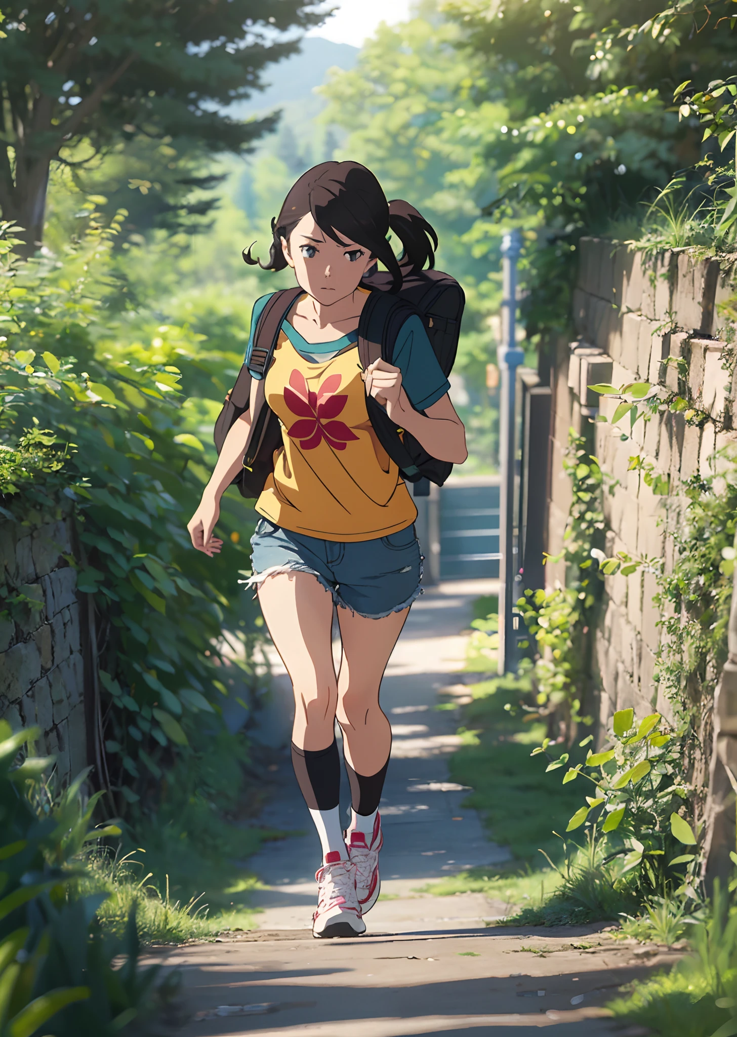 This illustration depicts a casual, anime-inspired girl walking briskly down a steep hillside path in a dramatic scene. The style combines manga aesthetics with photorealistic rendering. Use smooth, detailed textures and radiant lighting to bring out the intensity of her stride and sense of urgency. Portray the girl in casual, everyday clothes like a t-shirt, shorts and sneakers, with a backpack slung over her shoulder. Use a close-up composition focused on the character hurrying down the sloped path. The background should be green hills and trees in a park or abstract shapes. Unify the realistic quality and lighting across styles from artsy to psychedelic. Bring together luminous lighting, crisp shadows, and lifelike materials for visual cohesion. Aim for lively, radiant colors that complement the character's clothing and environment. --auto --s2