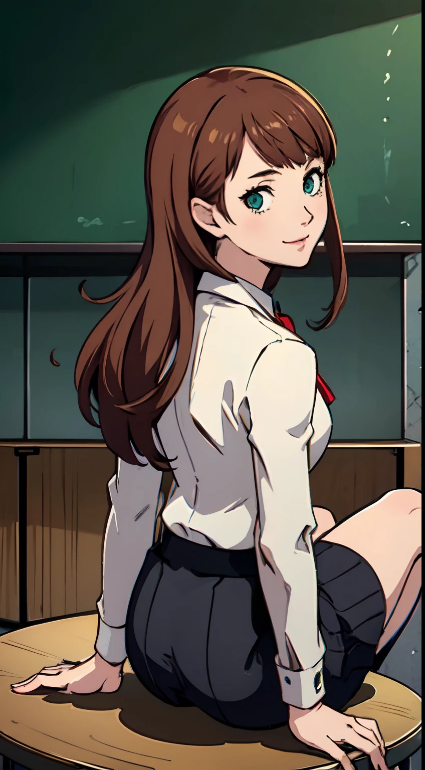 (masterpiece), (best quality), ultra high res, sharp focus, warm pastel tone, ((1 woman, solo)), full body, back profile shot, beautiful detailed hair, chestnut brown hair, long hair tumbles down, beautiful detailed face, green eyes, comfortable face, perfect feminine face, look at the viewer, smiles, in the classroom, sitting on the table, school persona 5 uniform