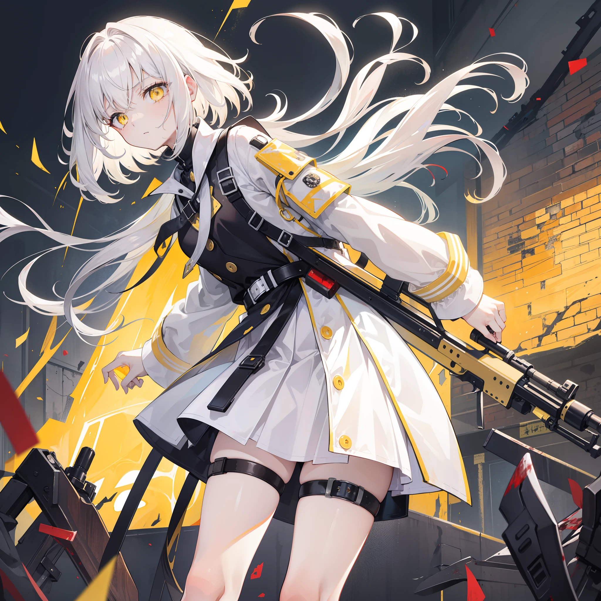 1girll,White color hair,Hair shoulder length,Yellow pupil,Wearing an old black trench coat,Short black skirt for high school students,The shoulder straps are tied around the legs,Half of his face was bloody,horrified expression,Carry a shotgun,Dilapidated classrooms