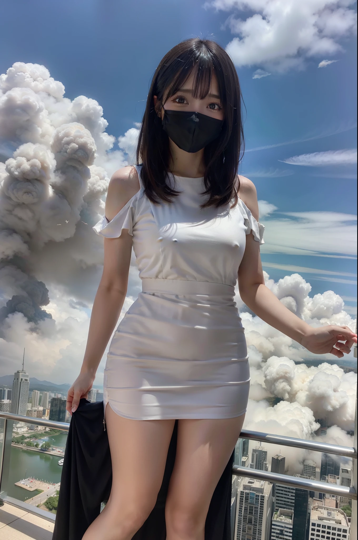 Giantess usando vestido curto, GTS cidade do ano 10000, City buildings, smoke billowing, nuvem, tornado, raios, Evil, realistic lighting, salto em altura, de baixo, aves voando,
