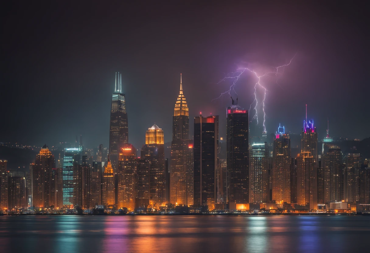 cyberpunk art in great detail, over the bay view of a city skyline reflecting in the water of the bay in front of the city edge, a scene late at night with city lights glowing softly in colors of pride
