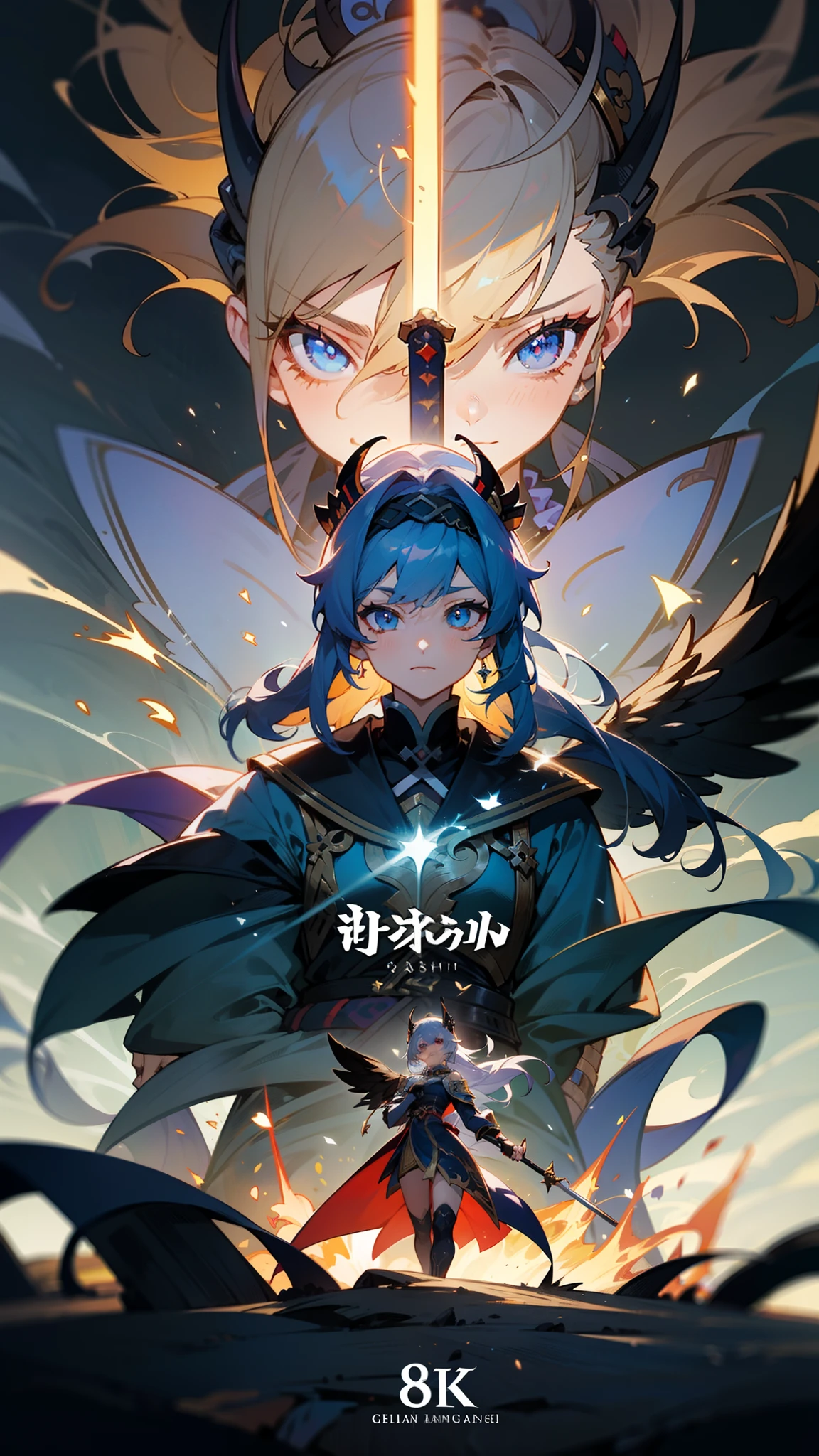 Anime figure,Dark villain,Beauty side face,Long hair flying,(golden headdress),Two teenage girls back to back,(Simple helmet)Spark ashes burn,The samurai held a sword, Wear contrasting armor, The full picture of the witch and witch skeleton,(standing full-body),((Faraway view)),(HD8K),ultra-wide-angle,The background is gorgeous,the original god, demon anime girl, Angel anime girl,fantasy paladin man, Dragon Knight,Spread your black feathered wings,Mobile Genshin Influence, Anime 8 k, Anime fantasy illustration, Genshin Impact, Tough and cold character, Detailed key anime art, Ayaka Genshin impact, onmyoji portrait,Close-up of shooting random weapons, Comic book epic artwork, Epic fantasy digital art style,Epic fantasy art style, 8K high quality detailed art, Epic fantasy art style HD, Faraway view,Behind him,It is a golden glowing magic array。,Purify the flame,HD anime visuals,full portrait of magical knight,