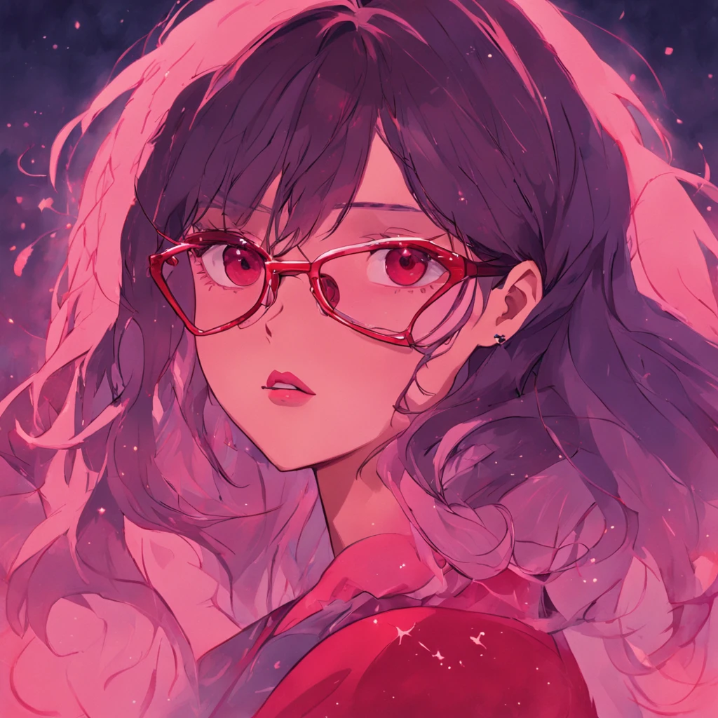 There is a woman with glasses and a necklace with a heart, inspirado por Ion Andreescu, inspirado em Elsa Bleda, No estilo Petra Collins, cynthwave, wearing red tainted glasses, thick glasses, cabelo longo molhado pingando, with square glasses, thick red lips, cabelo molhado pingando, solo portrait 🎨🖌️