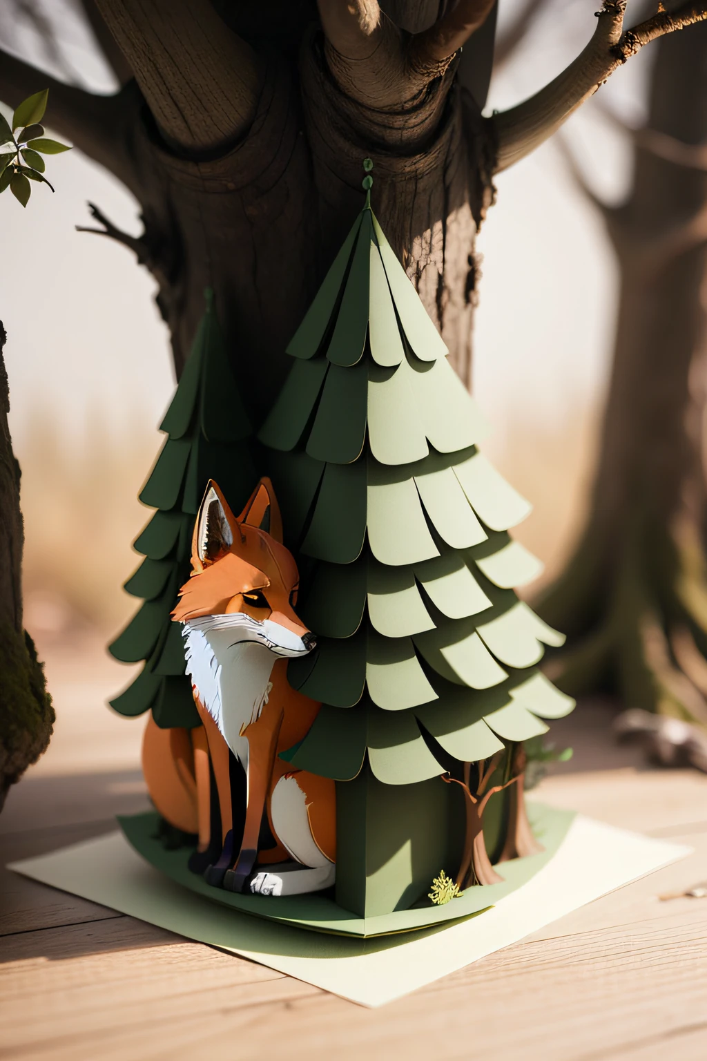 Fox in the forest，Multi-level tree，Multi-layer paper cutout