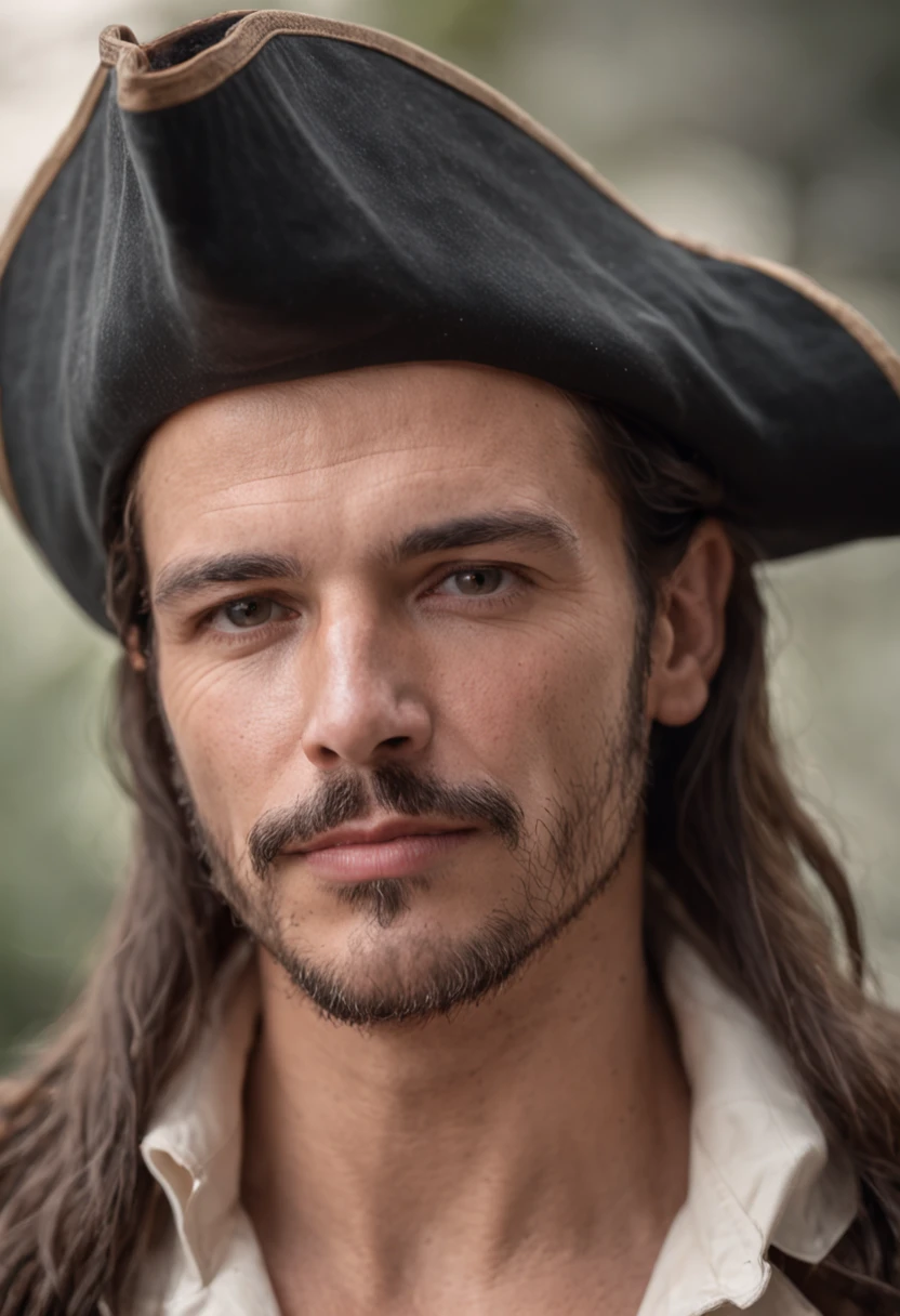 Crie para mim uma imagem de um homem ingles que possa ser chamado de ingles voador, lembrando vagamente um pirata, with a wise face;, but intrepit, demonstrando serenidade, com cabelos pretos