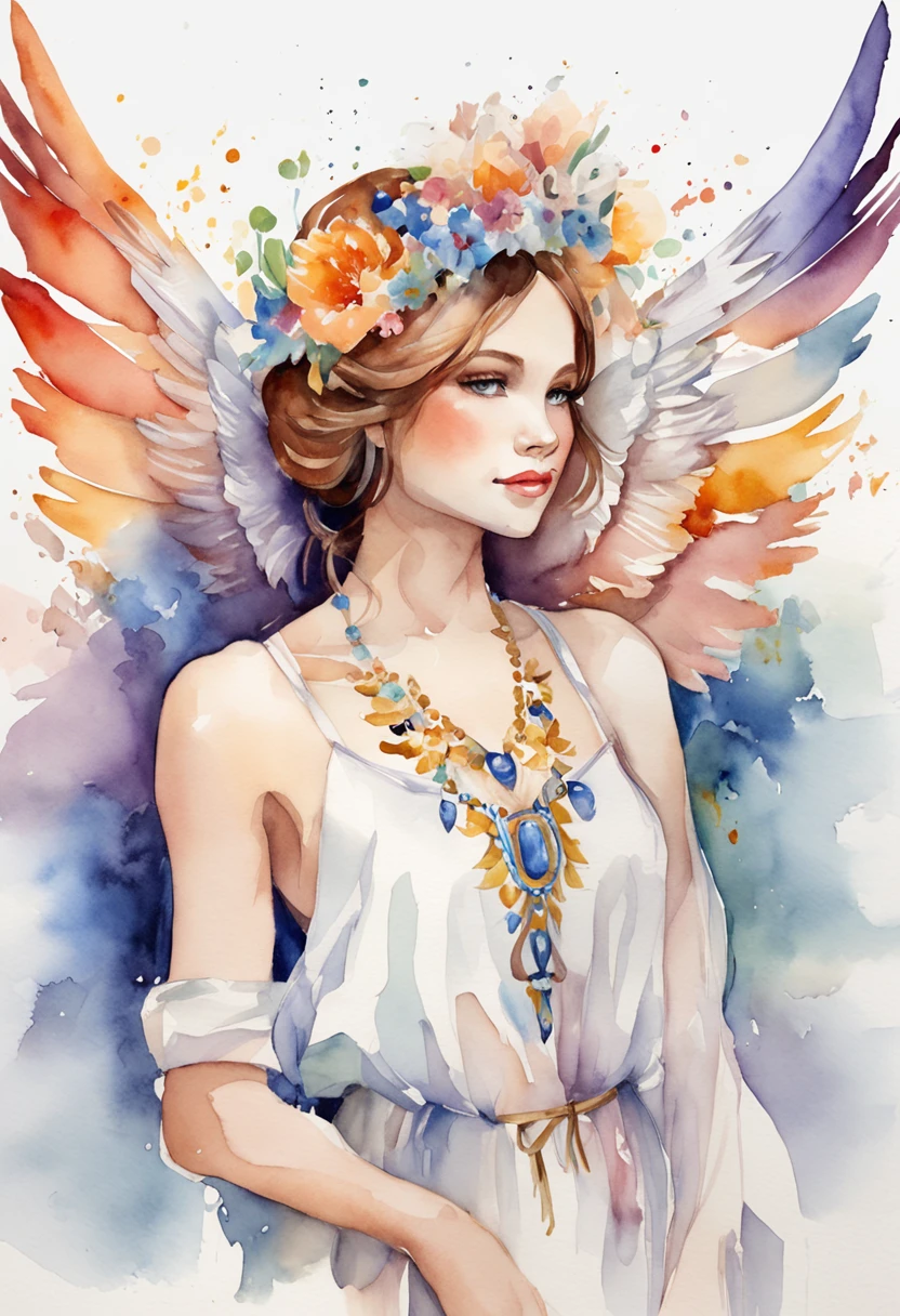 (FULL BODYSHOT:1.4), White background, (1 Angel Girl,Gamine、Glowing wings, Halo, Exquisite headdress, Smile), (watercolor paiting, Geometry), highly colorful