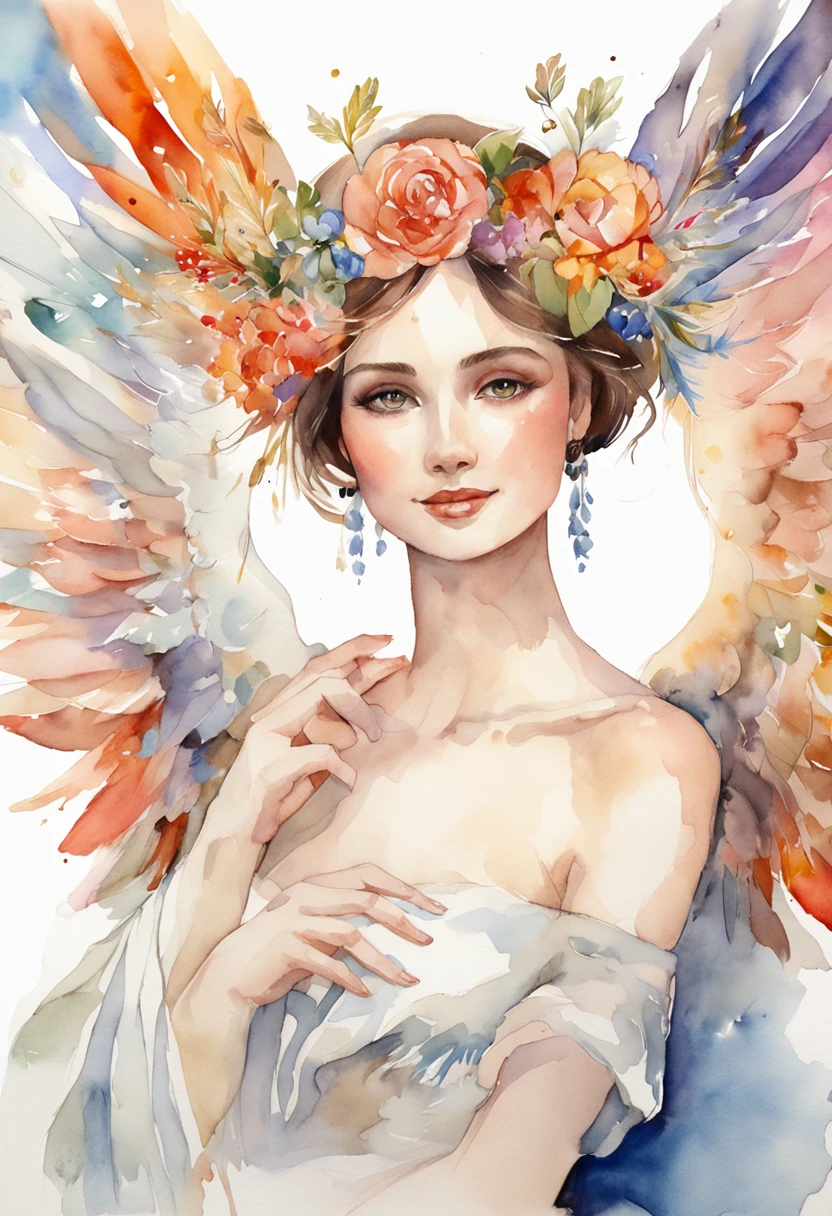 (FULL BODYSHOT:1.4),  White background, (1 Angel Girl,Gamine、Glowing wings, Halo, Exquisite headdress, Smile), (watercolor paiting, Geometry), highly colorful