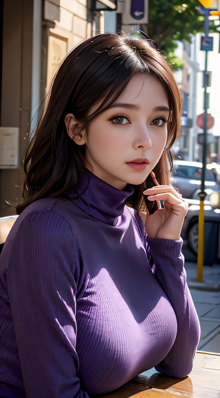 ((A mature woman sits in front of a café)),((turtleneck purple shirts:1.3)). 40k, Photography, Masterpiece, Best quality, dark grey background, ((Mature women, Wife, Mom, A MILF)), ((A plump chest)), Perfect face, perfect boobs, ((Breast-huge)), ((1 girl with brown eyes and gorgeous light black hair)). a Pretty Spanish woman,full soft breasts and white skin, ((very soft breasts)). Ultra-detailed face, Detailed eyes, Embarrassed, Summer, Daytime, (((Slave collar))), Half body, finger on lips, dated