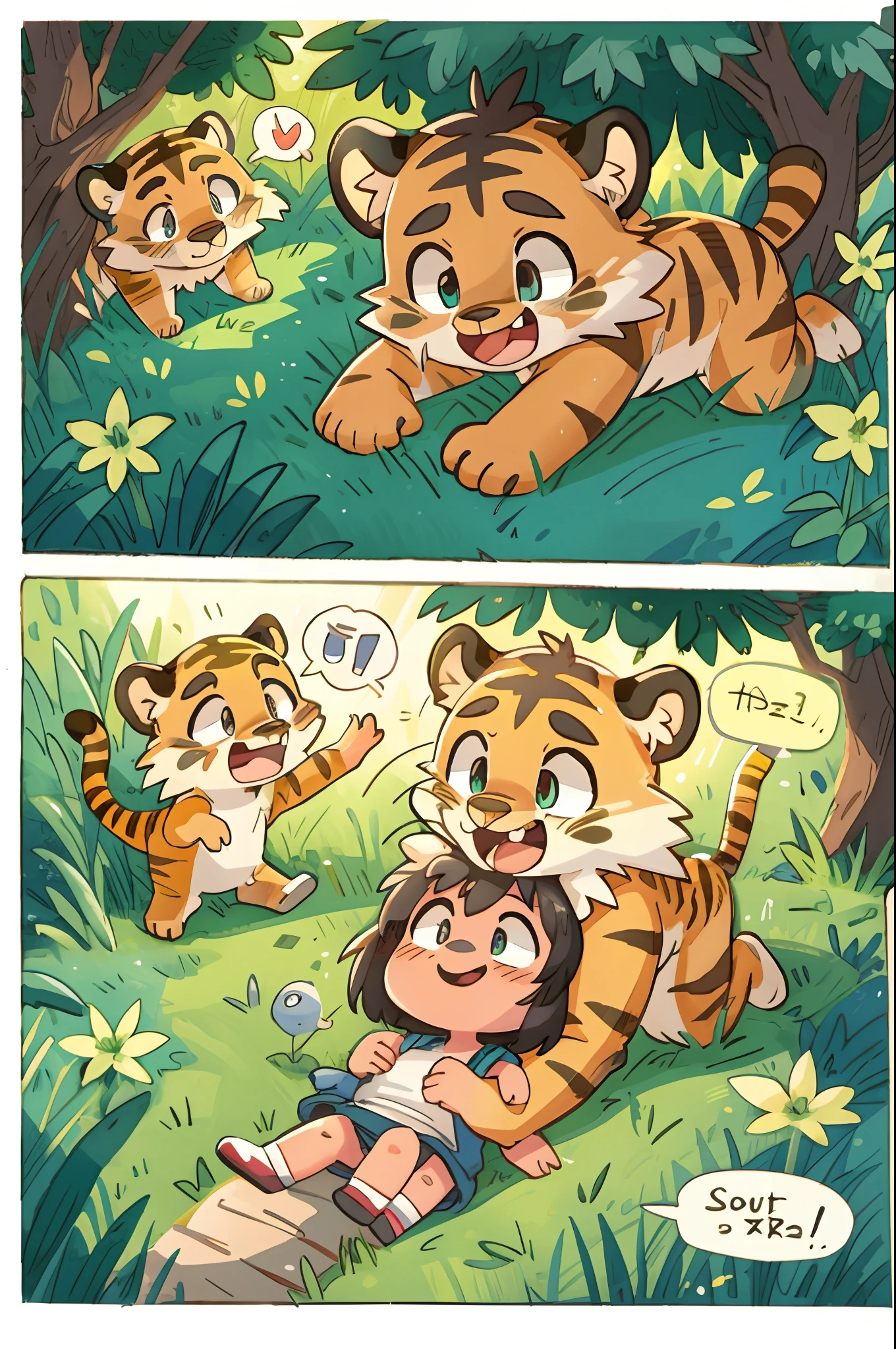 grass field(animal tiger play with human  girl)petting, hug, biting, smile, joyful, chibi, absurdres(highly detailed beautiful face and eyes)perfect anatomy, good lighting, cinematic shadow, assorted expressions, assorted poses, assorted angles, full body, upper shot, dynamic angle(girls comic-like panel layouts, speech balloon, English text, Hand-drawn sound effects stickers used in girls comic),