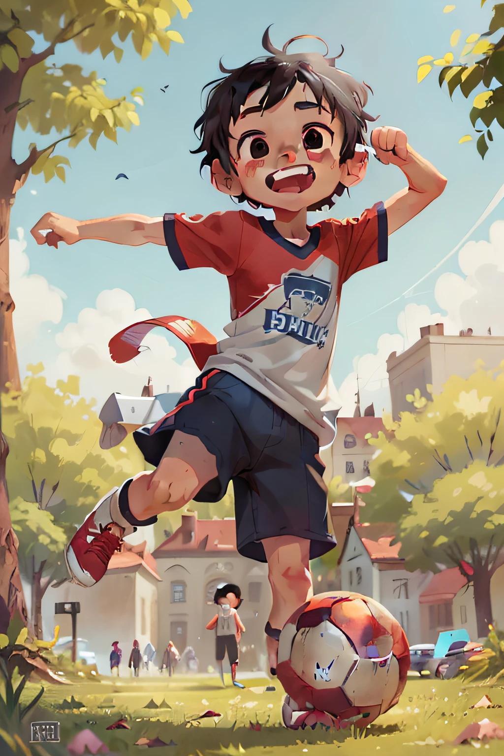 john is a 10 year old boy, thin, cute, vibrant eyes, smile on his face, happy and full of life, short black hair, kicking a ball in the park
