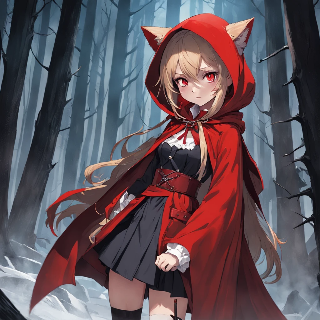 Its beautiful Little Red Riding Hood，Her hood、The shawls were as bright red as blood，Under her shawl，It is a linen power suit with a bundled body，It has a leather shoulder strap across the chest，Wear a python fur belt at the waist，Pedal deerskin boots。And the one that matches this outfit，It was a short sword shining with a cold light、Hammers and throwing knives... Little Red Riding Hood floated in the air with a cold expression。She looked twelve or thirteen years old，The complexion is pale。An invisible force bloomed from within her，Form a force field of a perfect circle，The surface of the mud under its feet is semicircular and concave。Subtle makeup，prime time，realisticlying，hight contrast，8k HD，A detailed，hyper-detailing，realistic skin textures，Cover the red hood，big cleavage breasts，best qualtiy，超高分辨率，RAW photogr，dramatic  lighting，unreal-engine，diffused glow，Complex red hood，exteriors，Realistic detailed dark forest，falling leaf，light wind，（Take the slaughter wolf's head and drip blood）