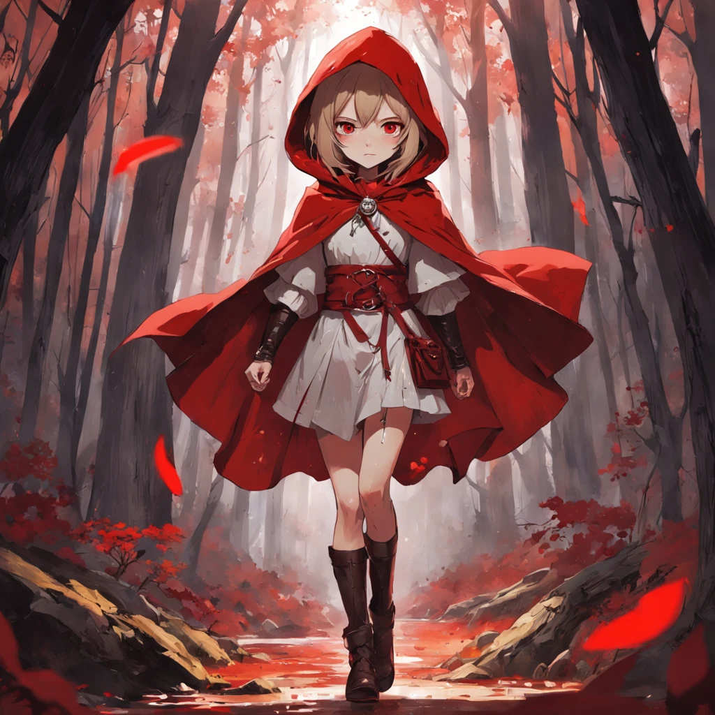 Its beautiful Little Red Riding Hood,Her hood、The shawls were as bright red as blood,Under her shawl,It is a linen power suit with a bundled body,It has a leather shoulder strap across the chest,Wear a python fur belt at the waist,Pedal deerskin boots。And the one that matches this outfit,It was a short sword shining with a cold light、Hammers and throwing knives... Little Red Riding Hood floated in the air with a cold expression。She looked twelve or thirteen years old,The complexion is pale。An invisible force bloomed from within her,Form a force field of a perfect circle,The surface of the mud under its feet is semicircular and concave。Subtle makeup,prime time,realisticlying,hight contrast,8k HD,A detailed,hyper-detailing,realistic skin textures,Cover the red hood,big cleavage breasts,best qualtiy,超高分辨率,RAW photogr,dramatic lighting,unreal-engine,diffused glow,Complex red hood,exteriors,Realistic detailed dark forest,falling leaf,light wind,(Take the slaughter wolf's head and drip blood)
