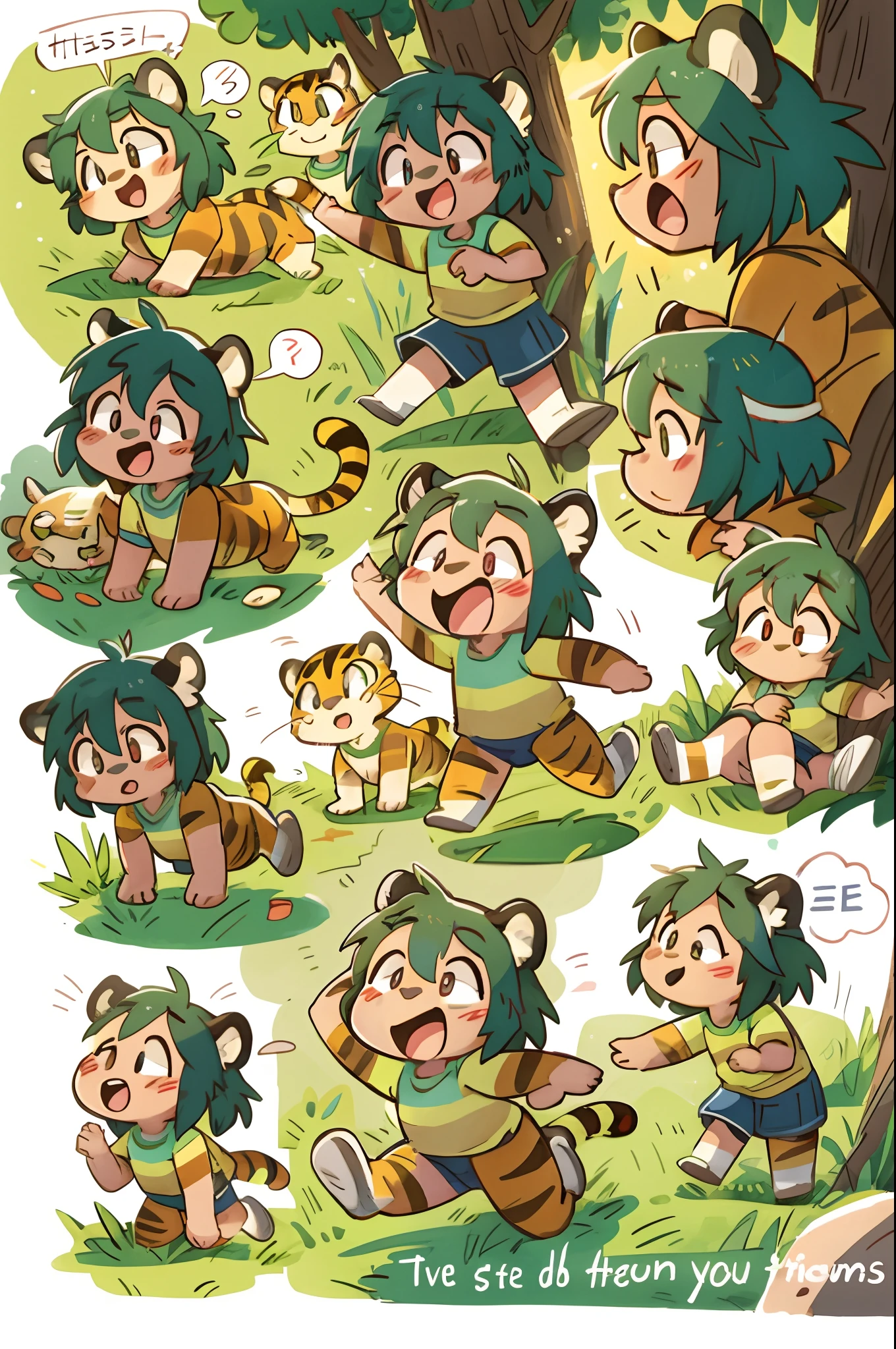 grass field(animal tiger play with human child girl)petting, hug, biting, smile, joyful, chibi, absurdres(highly detailed beautiful face and eyes)perfect anatomy, good lighting, cinematic shadow, assorted expressions, assorted poses, assorted angles, full body, upper shot, dynamic angle(girls comic-like panel layouts, speech balloon, English text, Hand-drawn sound effects stickers used in girls comic),