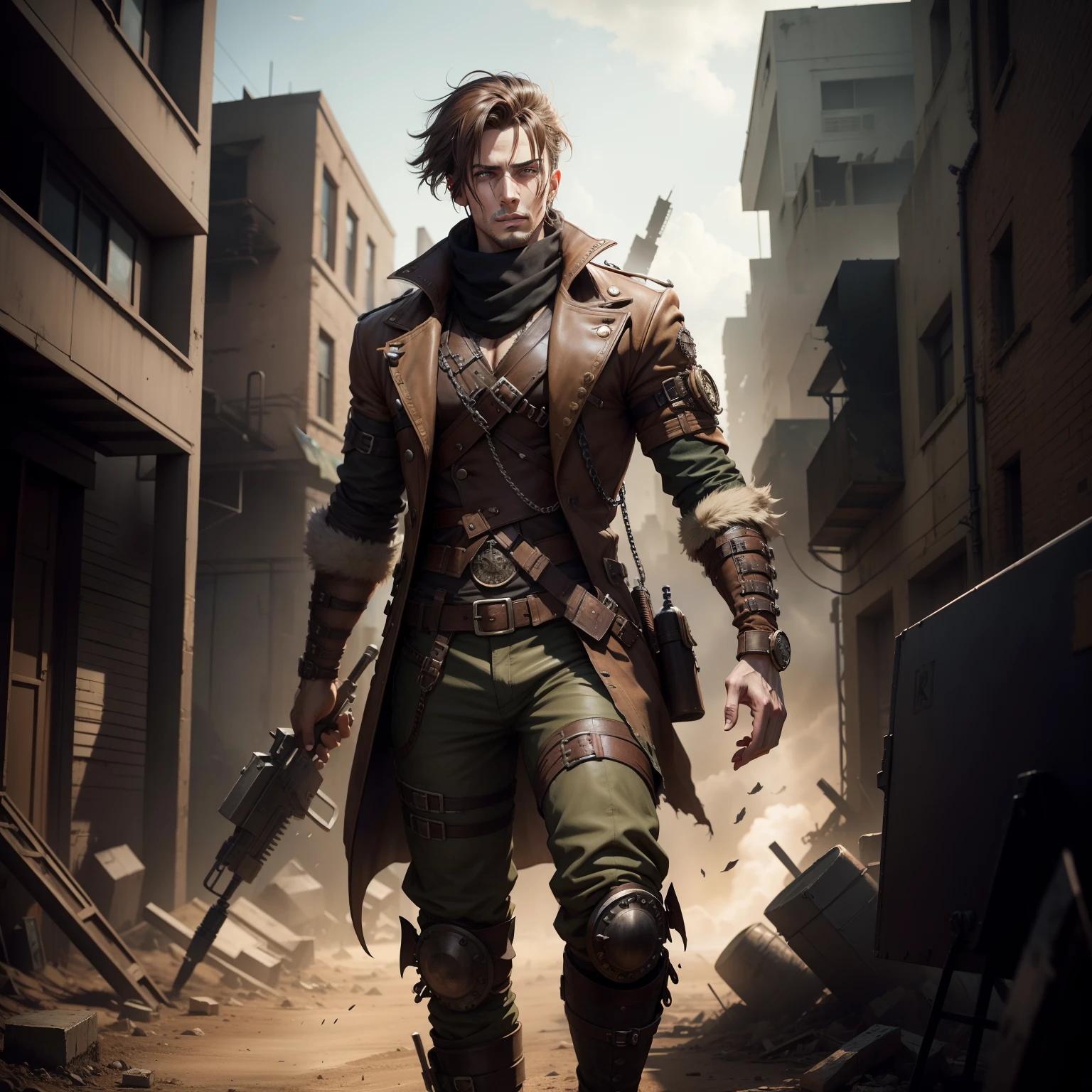 Steampunk male, A half body, Apocalyptic war scenery