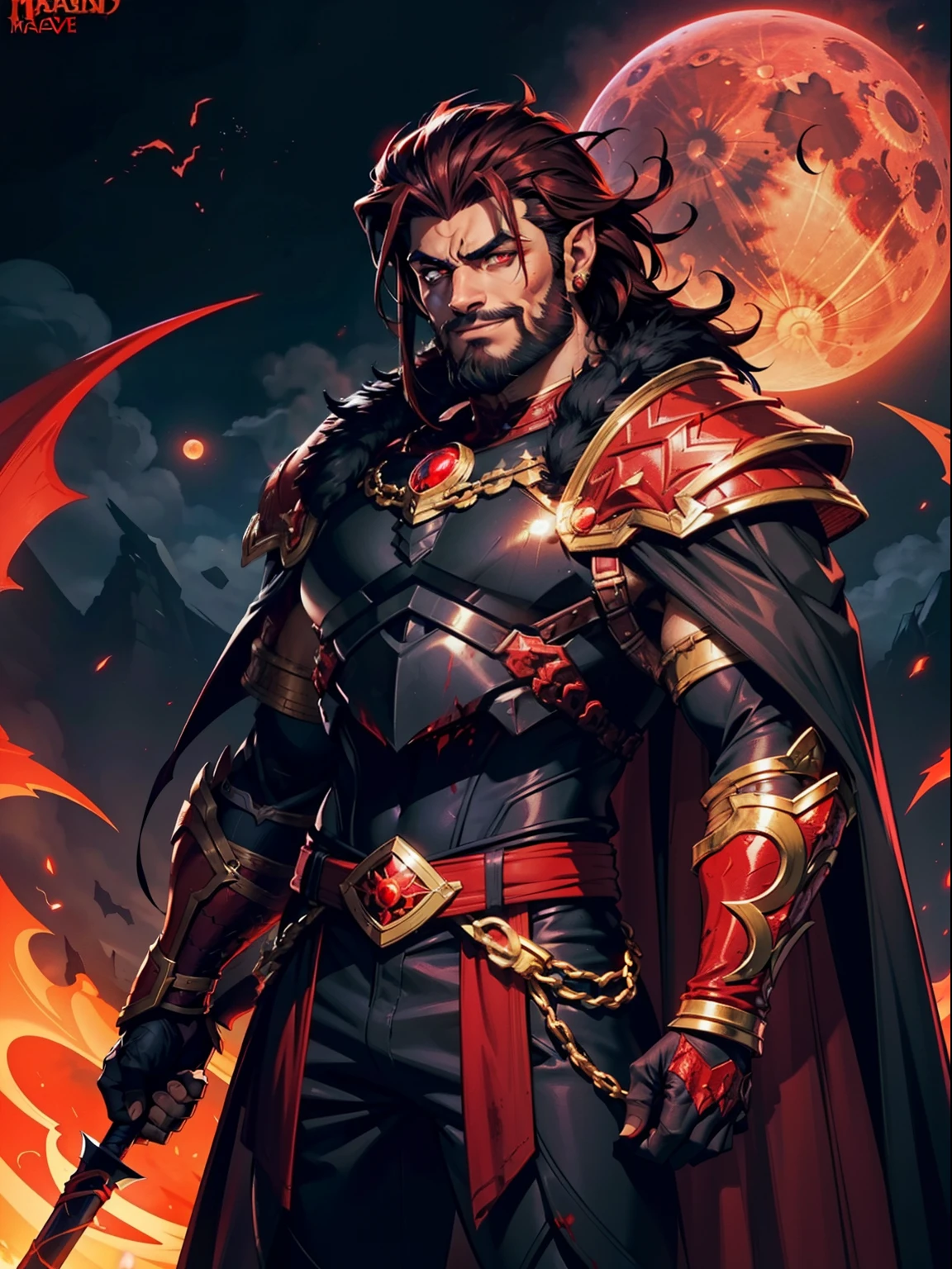 Dark night blood moon background, Hades style, game portrait. Sadurang from Marvel, hunk, buffed physics, short mane hair, mullet, defined face, detailed eyes, short beard, glowing red eyes, dark hair, wily smile, badass, dangerous. Wearing full armor with red dragon scales, cape of furs.  Breath fire.