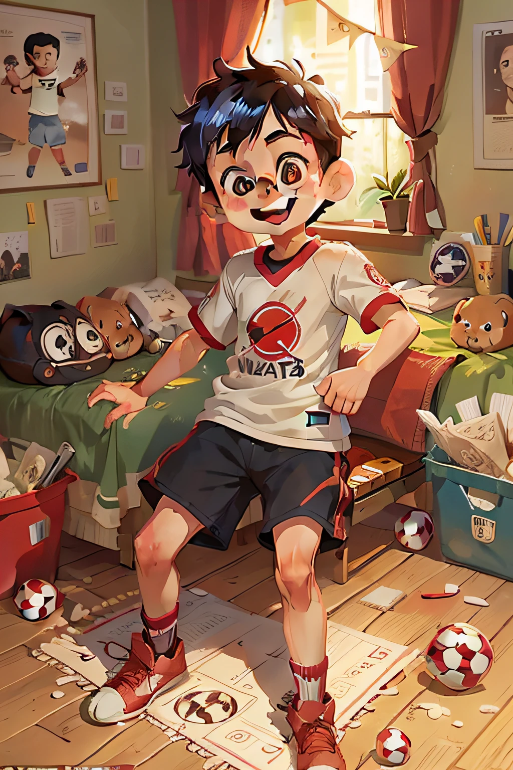 john is a boy, thin, cute, vibrant eyes, smile on his face, happy and full of life, short black hair, in his bedroom, surrounded by several football famous players posters on the walls, and a loto of balls on the floor