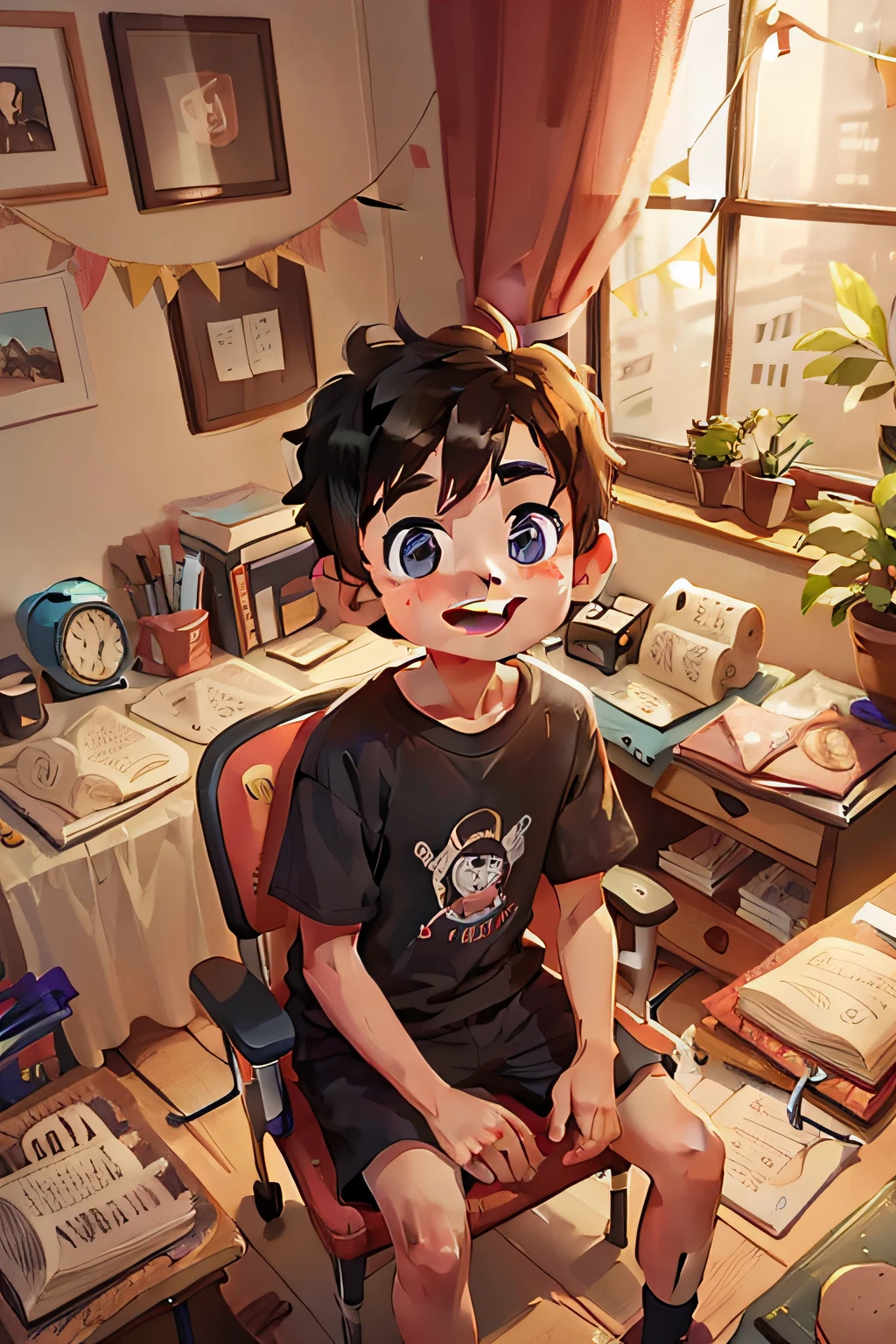 john is a 10 year old boy, thin, cute, vibrant eyes, smile on his face, happy and full of life, short black hair, in his bedroom, sitting in the desk chair, thinking with his head in his hands
