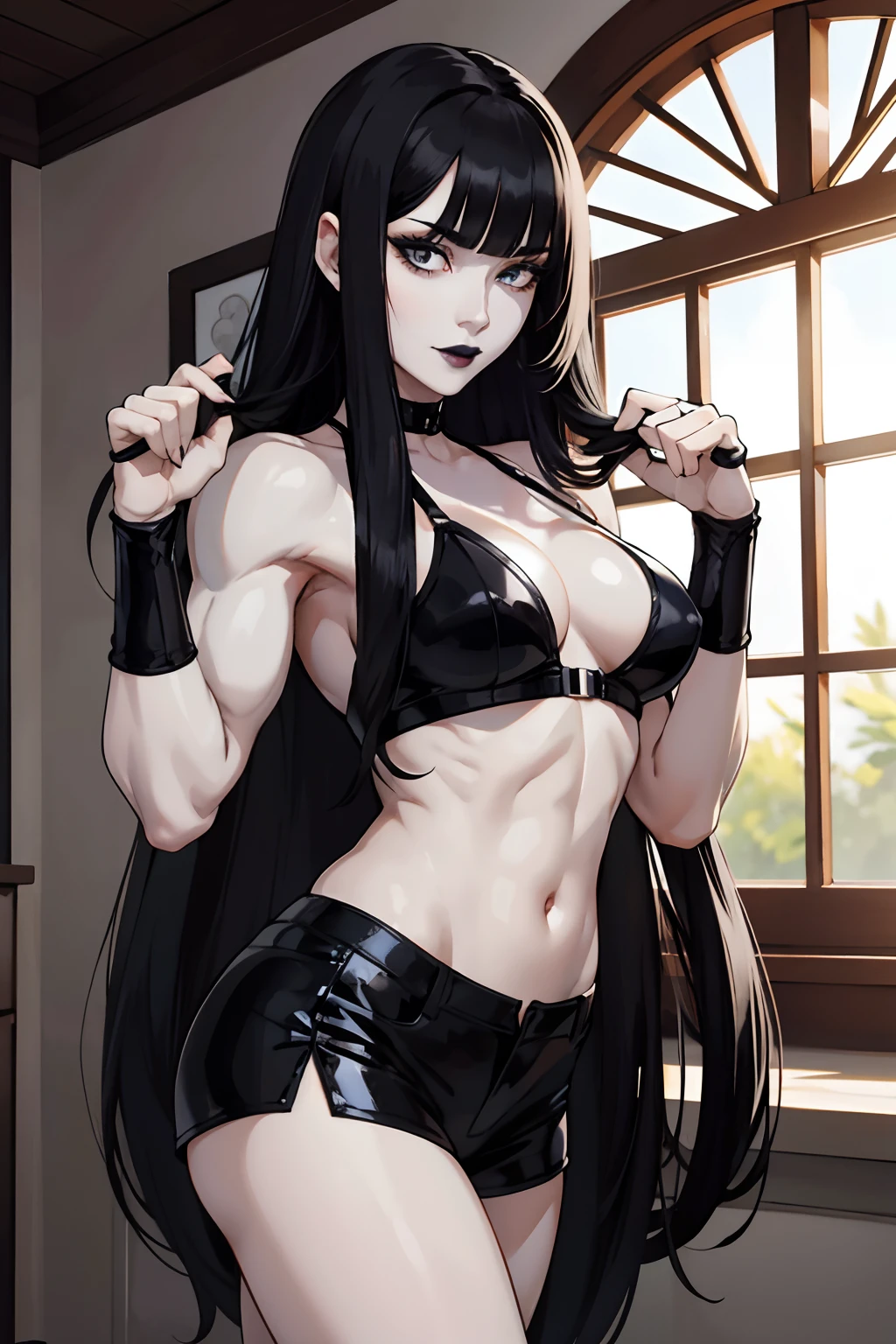 Woman, Black long hair with bangs, pale skin, black lipstick, Double biceps pose