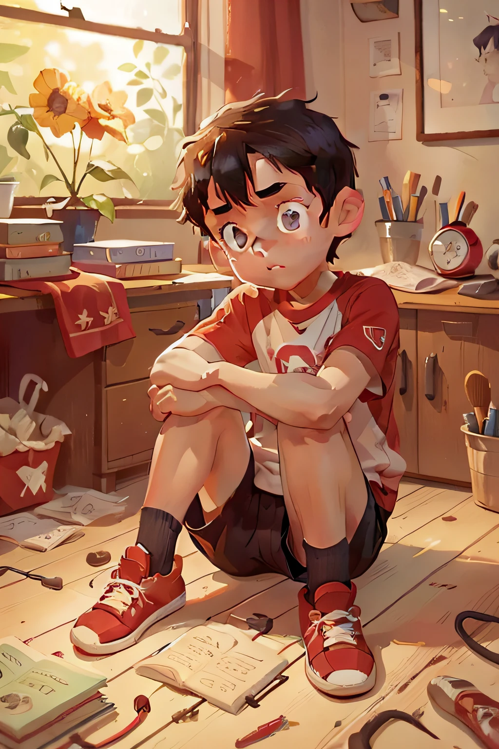 John is a boy, slim, cute, vibrant eyes, short black hair, in his bedroom, sitting on the floor, thinking with his head in his hands, looking curious and thoughtful, with red sneakers on his feet