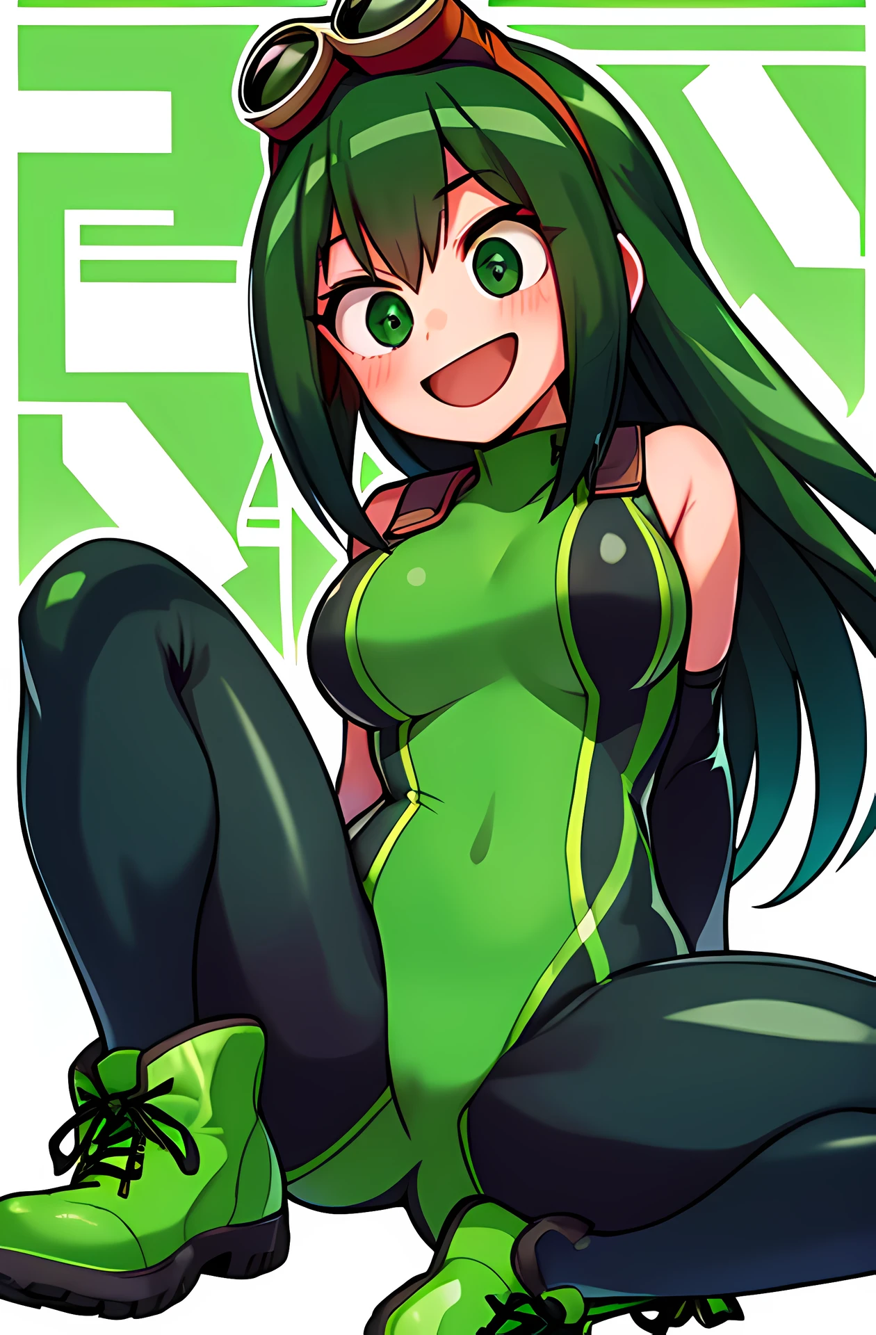horikoshi kouhei, 1girl, asui tsuyu, goggles, absurdres, green bodysuit, blush, bodysuit, boku no hero academia, boots, breasts, commentary request, eyelashes, full body, highres, looking down, medium breasts, long hair, skin tight, smile, solo, white footboots <lora:horikoshi_kouhei-