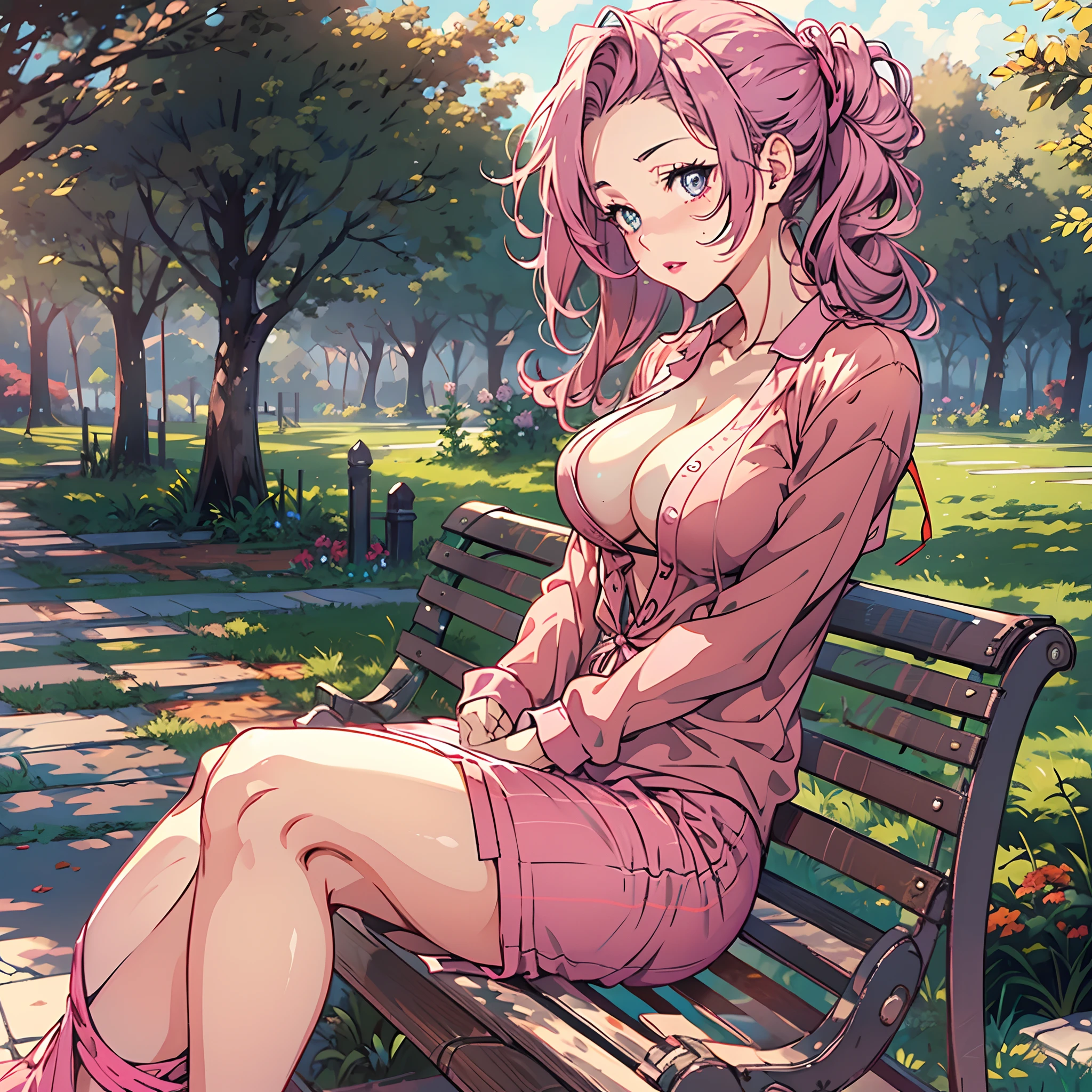 anime style, cel shading of a woman, alone on a park bench, mature face, stunning luminous eyes, looking upwards, naughty top blouse open, under tight chest-straps, over small breasts exposed, bending forward, arms back tied, nipples uncovered, long hair cocoa updo, high angle view, upper body, anime, thick outlined, faded scenery on background, pink lipstick