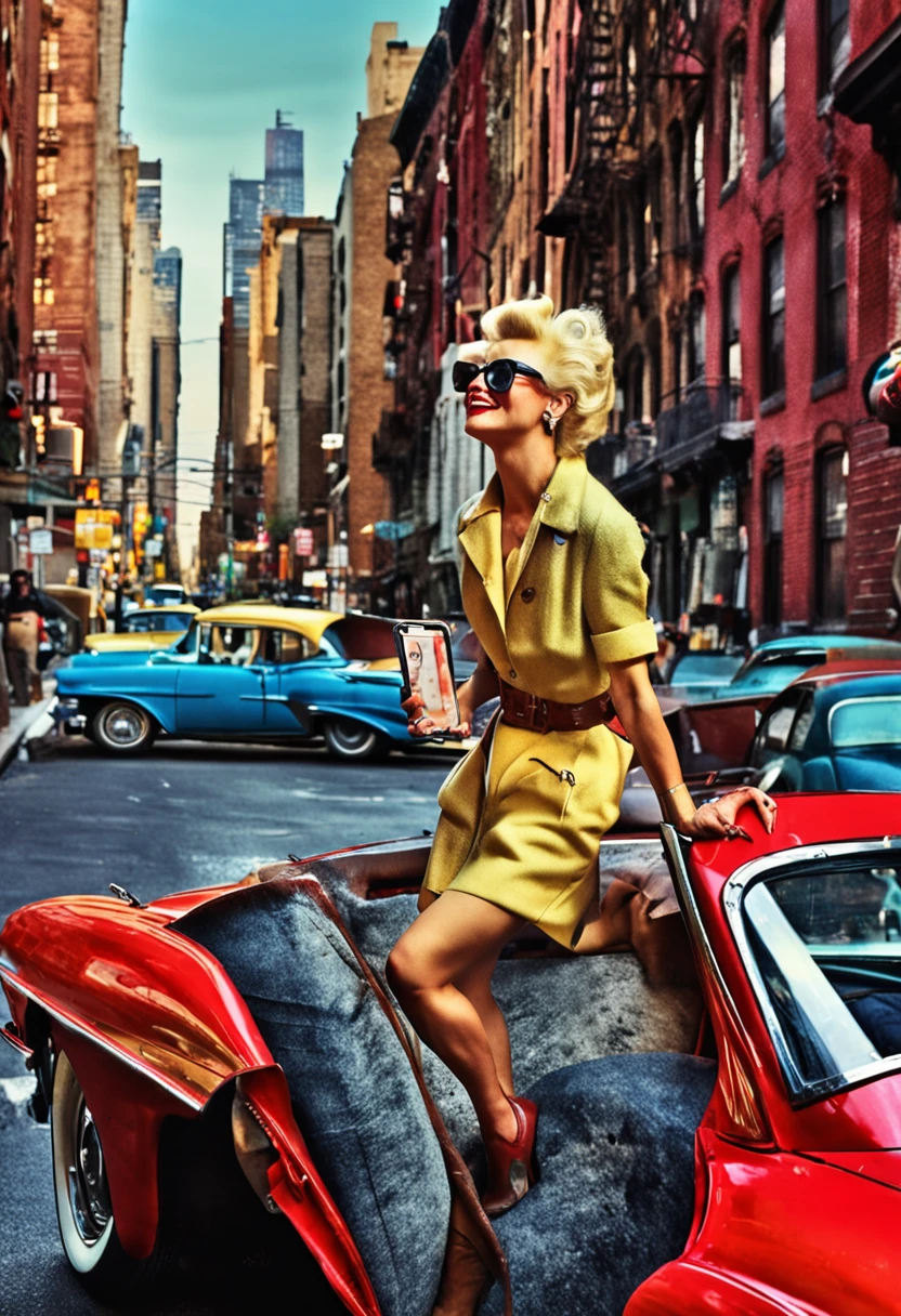 marilin monroe ropa desenfadada,escotada y James Dean vistiendo un ropa vaquera conduciendo un Ferrari, is on your cell phone smiling. en paisaje urbano.Graffiti in New York 50s