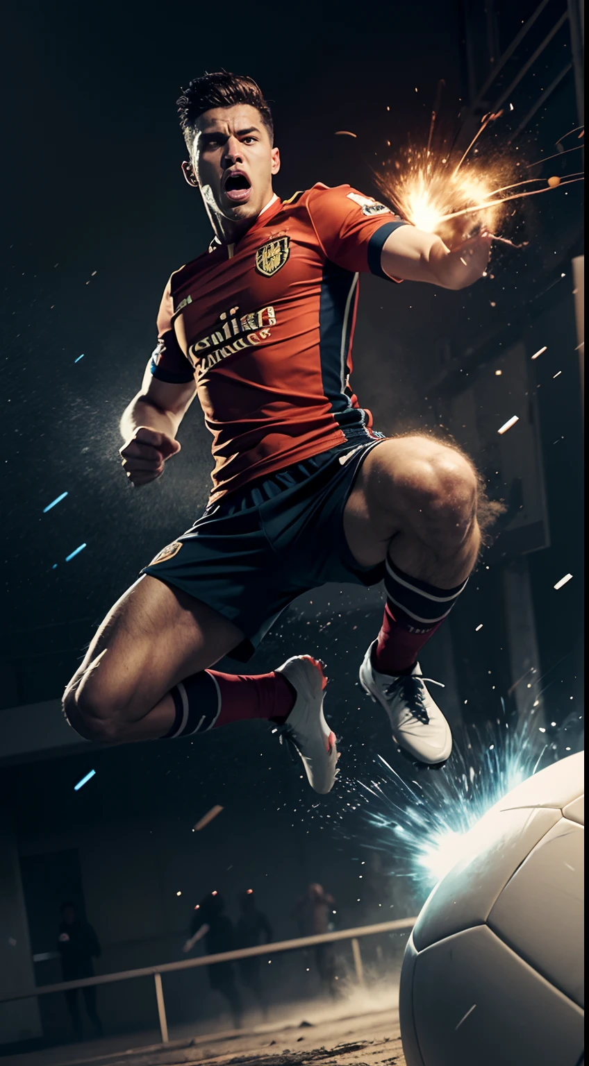 create a man footballer kick the ball illustration, full body jump, ultra realistic face and movement anger is the feeling that make your mouth work faster than your mind, detailed, realistic, explosion, dynamic colors, cinematic lighting, Alfon Muncha, cell shading, space,