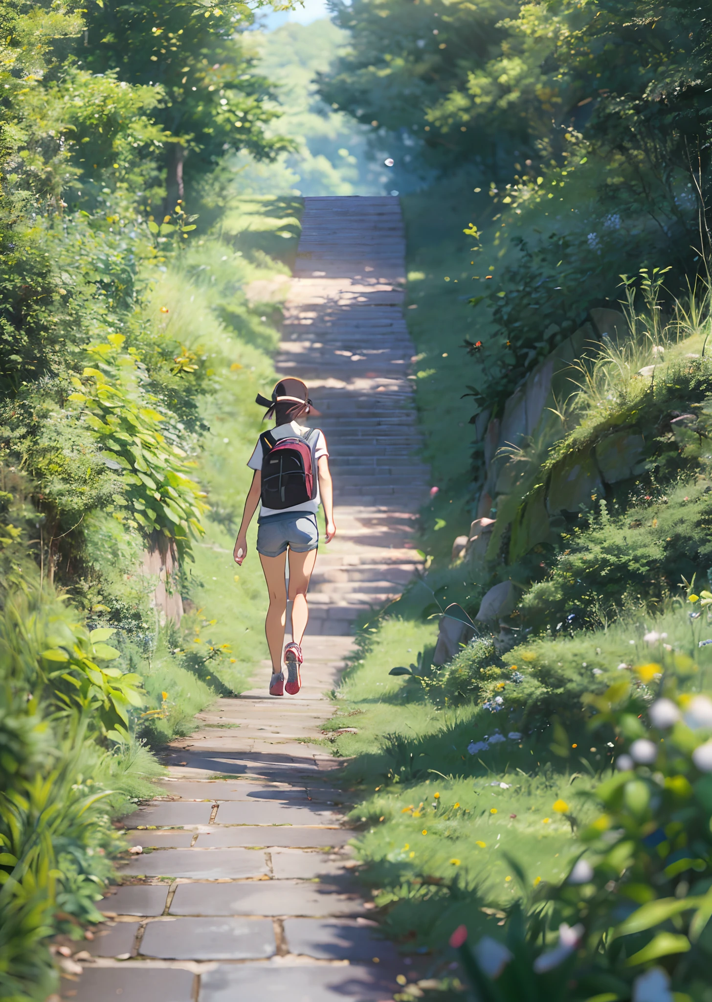 This illustration depicts a casual, anime-inspired girl walking briskly down a steep hillside path in a dramatic scene. The style combines manga aesthetics with photorealistic rendering. Use smooth, detailed textures and radiant lighting to bring out the intensity of her stride and sense of urgency. Portray the girl in casual, everyday clothes like a t-shirt, shorts and sneakers, with a backpack slung over her shoulder. Use a close-up composition focused on the character hurrying down the sloped path. The background should be green hills and trees in a park or abstract shapes. Unify the realistic quality and lighting across styles from artsy to psychedelic. Bring together luminous lighting, crisp shadows, and lifelike materials for visual cohesion. Aim for lively, radiant colors that complement the character's clothing and environment. --auto --s2