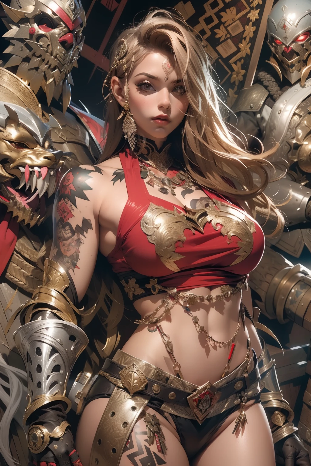 Professional , masterpiece、top-quality、photos realistic , depth of fields 、(Dragon Black Metal Body:1.9),(Mattretto、(cleavage of the breast)、Dragon Gold Weapon、(Micro Bikini Armor:1.4),Gorgeous gold weapons ,Particles of light、Particles of light、(( Dragon's dense and gorgeous sword)) , (demonic wings)、((a blond))、(detailed and realistic face)、Fight dragons、((Gangle's forest background))、Take intense poses、Beautiful Caucasian beauty、1a person、dynamic ungle,(((Detailed and ornate dragon helmet)))、Smaller head、A smile、Castle background、Thin and beautiful female hands、cleavage of the breast、Soldier in iron armor on background、Mystical expression、Light Effects、intense fighting、Wind-effect、magic circles、With the legendary magic wand、Dragon's tail、explosions、