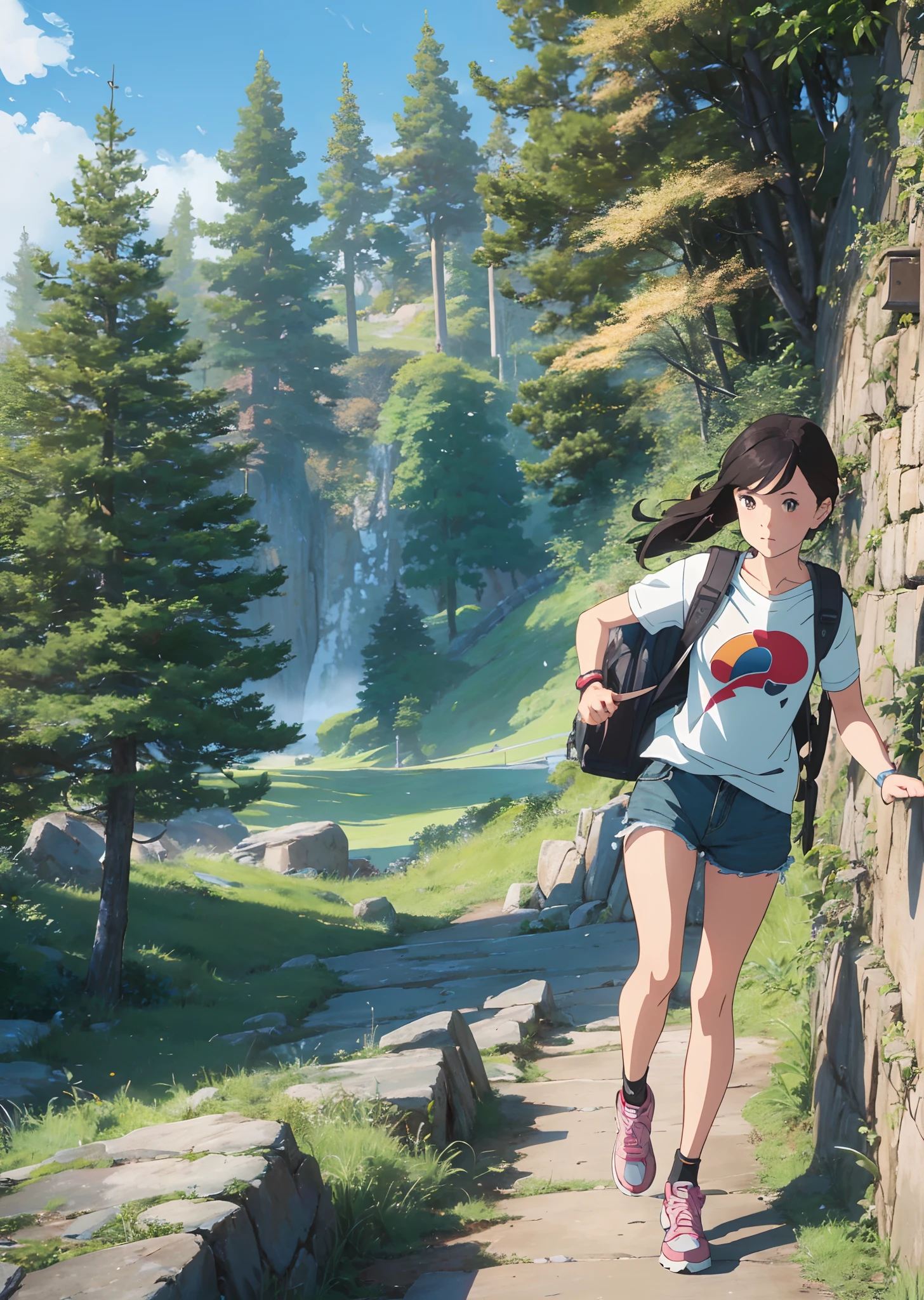 This illustration depicts a casual, anime-inspired girl walking briskly down a steep hillside path in a dramatic scene. The style combines manga aesthetics with photorealistic rendering. Use smooth, detailed textures and radiant lighting to bring out the intensity of her stride and sense of urgency. Portray the girl in casual, everyday clothes like a t-shirt, shorts and sneakers, with a backpack slung over her shoulder. Use a close-up composition focused on the character hurrying down the sloped path. The background should be green hills and trees in a park or abstract shapes. Unify the realistic quality and lighting across styles from artsy to psychedelic. Bring together luminous lighting, crisp shadows, and lifelike materials for visual cohesion. Aim for lively, radiant colors that complement the character's clothing and environment. --auto --s2