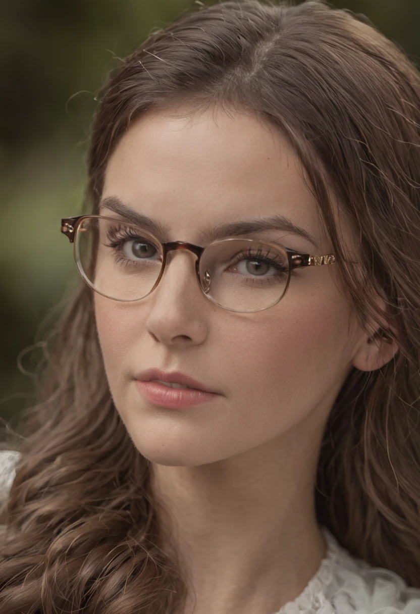 Gemma Arterton, teacher, low-cut shirt, glasses, red lipstick, beautiful detailed eyes, beautiful detailed lips, extremely detailed face and portrait, longeyelashes, cinematic lighting, warm color tones, photorealistic, 8k, high quality, highly detailed, intricate details, realistic, elegant, sophisticated, stylized