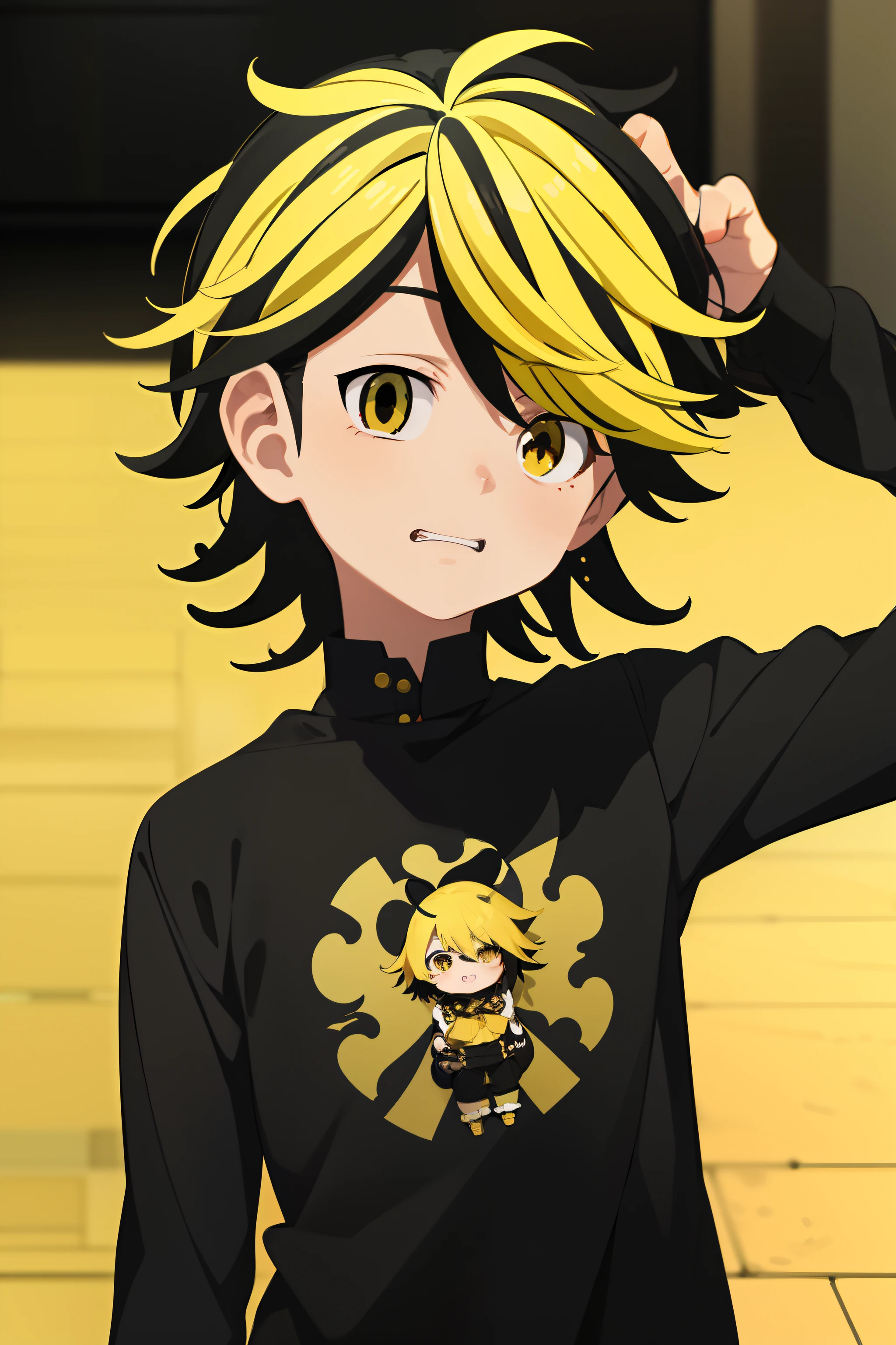 masutepiece, Best Quality, High quality, 1boy, Solo, Male Focus, Looking at Viewer, Upper body, hanemiya_Kazutora, Blonde hair, Black hair, Yellow eyes, multicolored hair,childish,be shy,feel shy,kawaii pose