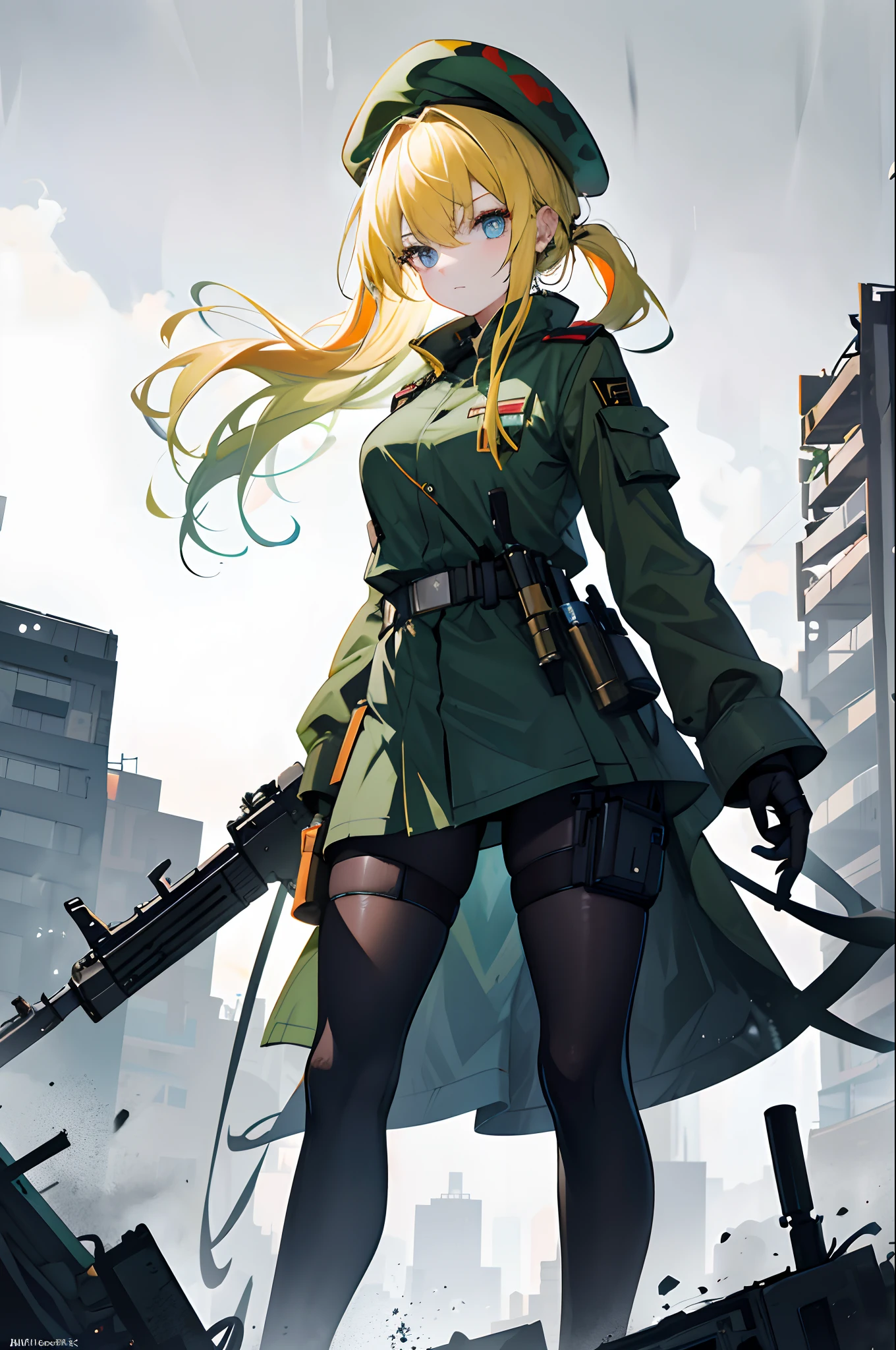 1girll，city ruins，Serious expressions，standing on your feet，The girl wears camouflage uniforms and green capes，Wear a red beret，Armed with Kalashnikov rifles，overcast sky，very heavy rain，Yellow hair，blue color eyes，AK47，a matural female，Tall and tall