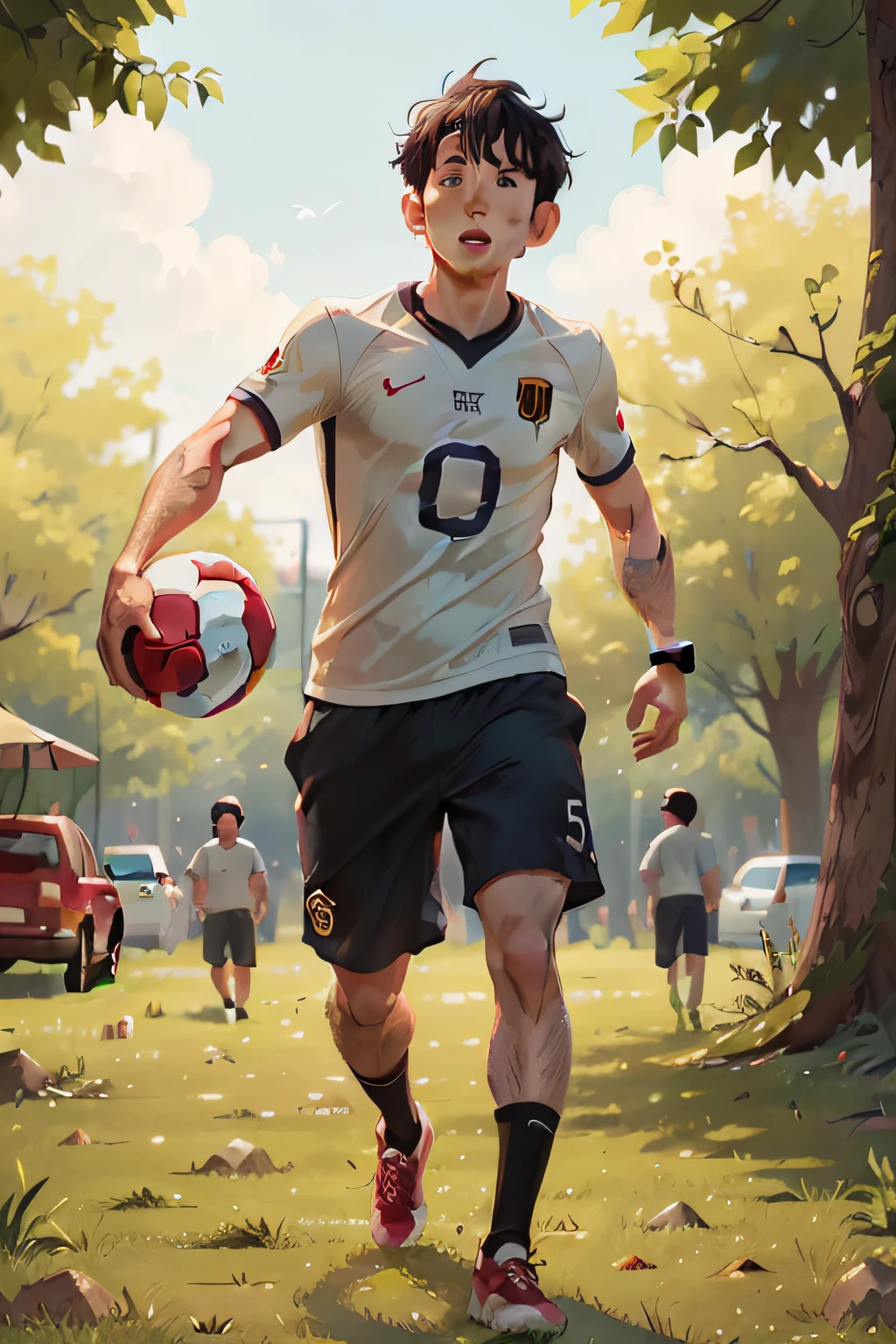30 year old man, cute, complexion, short black hair, perfect face, playing football in the park