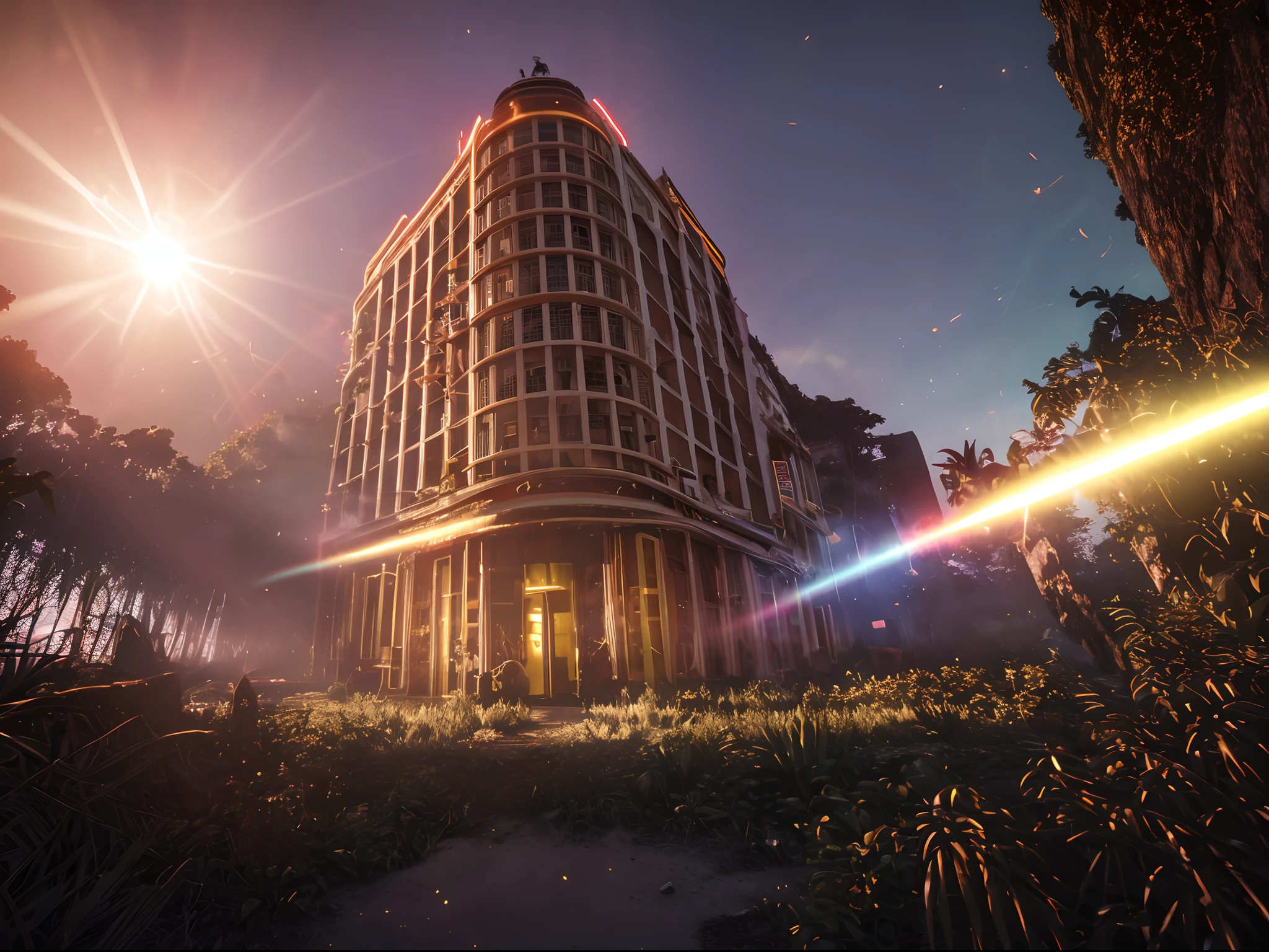 A captiected evil alien art deco building in a jungle ruins, volumetric lighting, golden and red neon lights, lens flare, golden hour, dreamlike, rule of thirds, golden ratio, reflection, dreamy, ethereal, lush, golden hour, 8k, rendered in octane, photographed by Emmanuel Lubezki, close coordination, hyperrealistic, ultra detailed, photorealistic,
