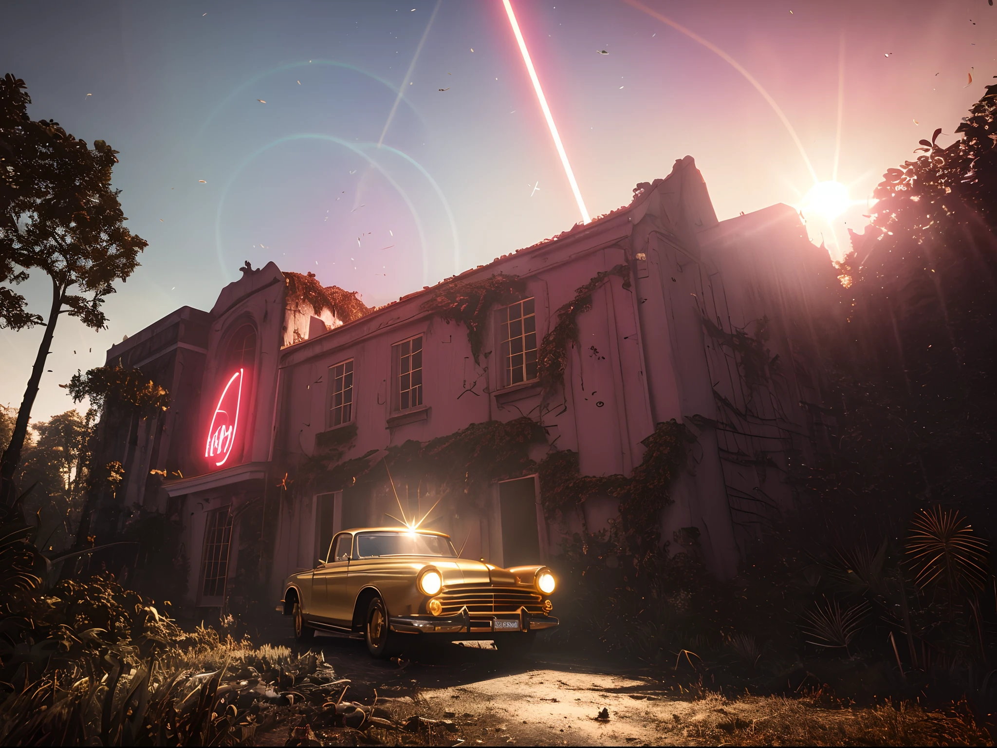 A captiected evil alien art deco building in a jungle ruins, volumetric lighting, golden and red neon lights, lens flare, golden hour, dreamlike, rule of thirds, golden ratio, reflection, dreamy, ethereal, lush, golden hour, 8k, rendered in octane, photographed by Emmanuel Lubezki, close coordination, hyperrealistic, ultra detailed, photorealistic,