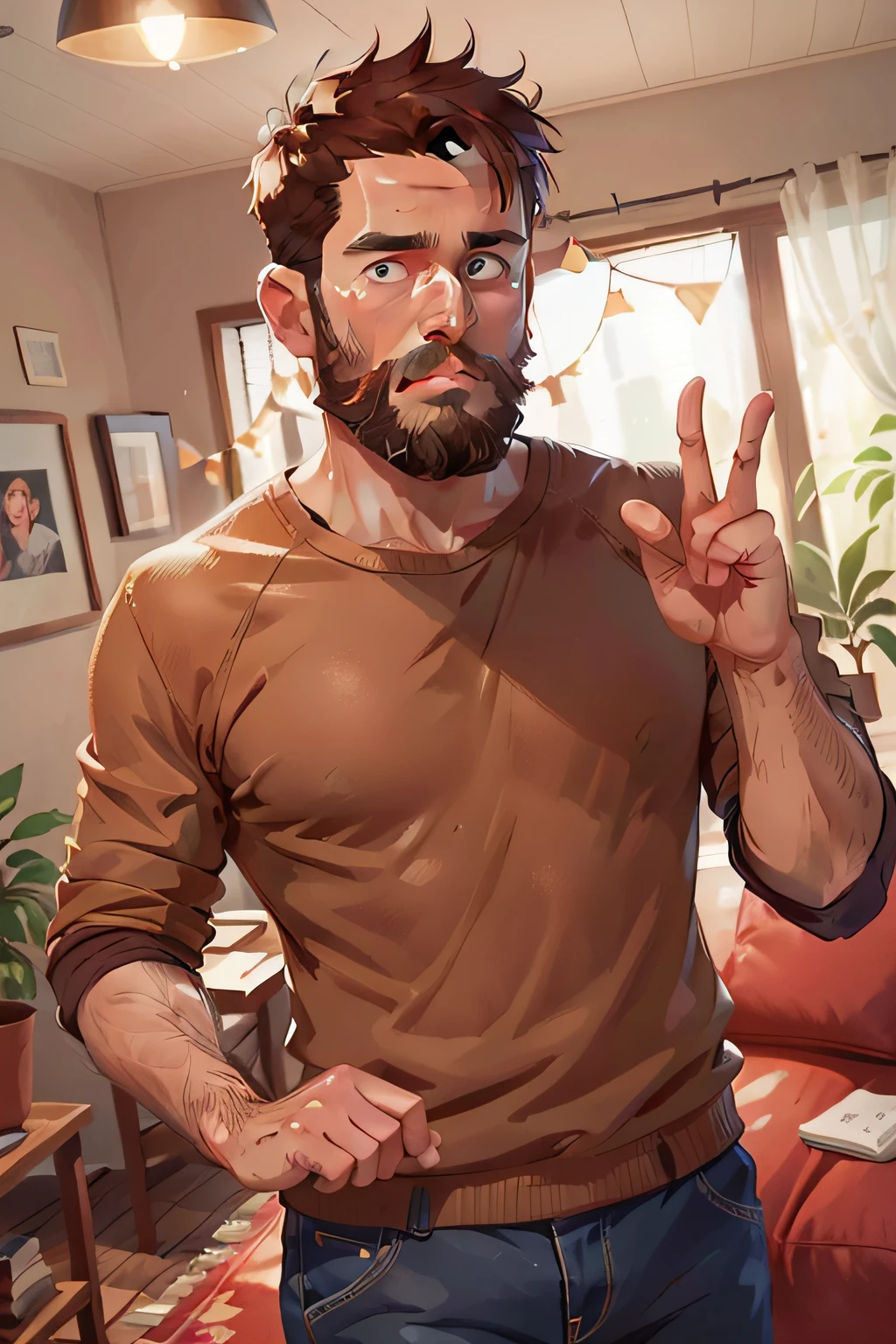 40 years old man, handsome complexion, short brown hair, perfect face, perfect eyes, perfect short trimmed beard, with loving and kind look, talking and gesturing with hands, in the living room of his house