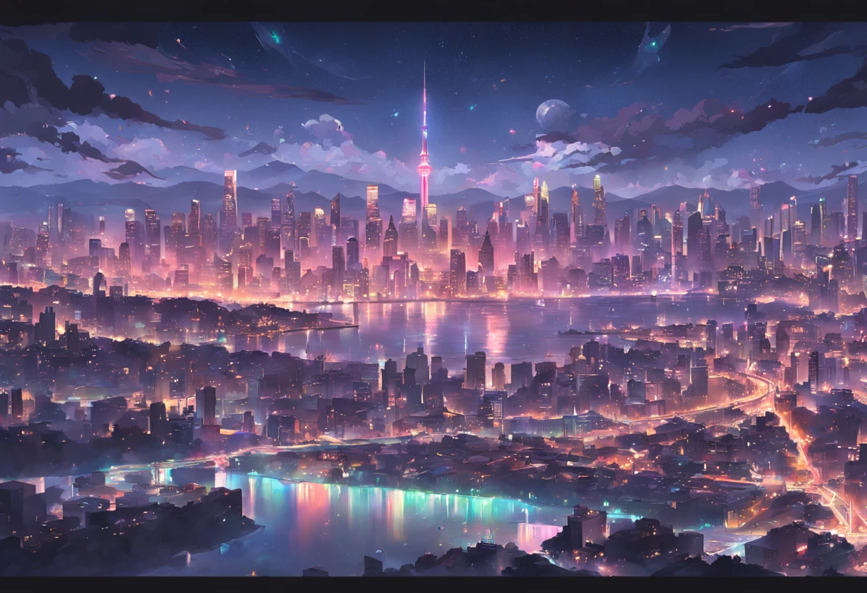 cyberpunk art in great detail, over the bay view of a city skyline reflecting in the water of the bay in front of the city edge, a scene late at night with city lights glowing softly in colors of pride