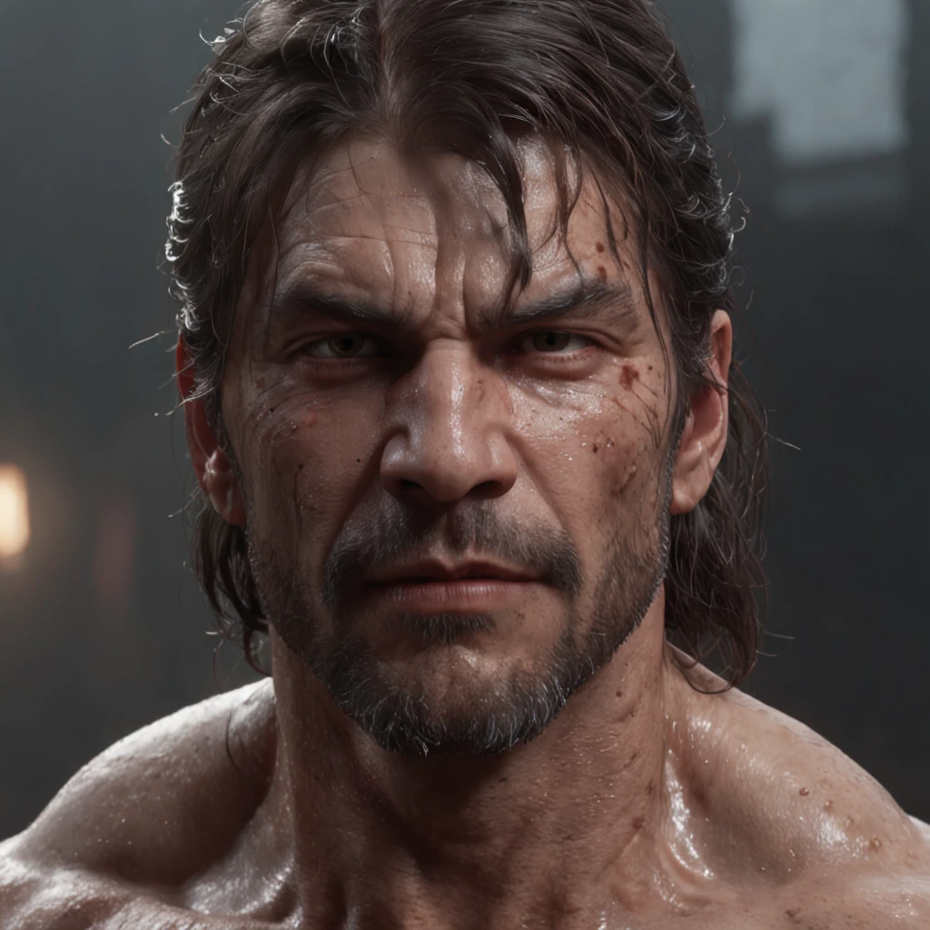 (professional 3d render:1.3) af (Realistic:1.3) most beautiful artwork photo in the world，Features soft and shiny male heroes, ((Epic hero fantasy muscle man rough wet hero angry look long hair short beard and ferocious expression in dynamic pose, Fantastic location, Majestic cluttered environment)), full body 8k unity render, action  shot, skin pore, very dark lighting, heavyshading, Detailed, Detailed face, (vibrant, photograph realistic, Realistic, Dramatic, Dark, Sharp focus, 8K), (Old leather garments damaged by weathering:1.4), ((((Wear fur)))), (Intricate:1.4), decadent, (Highly detailed:1.4), Digital painting, rendering by octane, art  stations, concept-art, smooth, Sharp focus, illustration, Art germ, (loish:0.23), wlop ilya kuvshinov, and greg rutkowski and alphonse mucha gracias, (Global illumination, Studio light, volumettic light), heavy rain, particles floating, lotr, fantasy, elf, full bodyesbian, ((Dark and ancient city background:1.3)),CGSesociety,art  stations