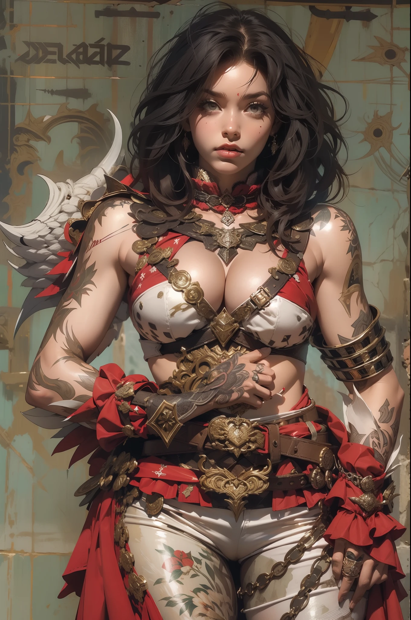 (((mulher))), (((melhor qualidade))), (((obra prima))), (((adulta))), Uma guerreira mulher de 35 anos com corpo perfeito, Brooklyn Gladiators, (( under boobs )), quase nua no estilo selvagem urbano de Simon Bisley para a capa da revista Heavy Metal, cabelo loiro, Minimum clothing, red and white checkered pattern, armadura, cheio de pontas e rebites, tatuagem tribal, (((do joelho pra cima))), cabelo desalinhado
